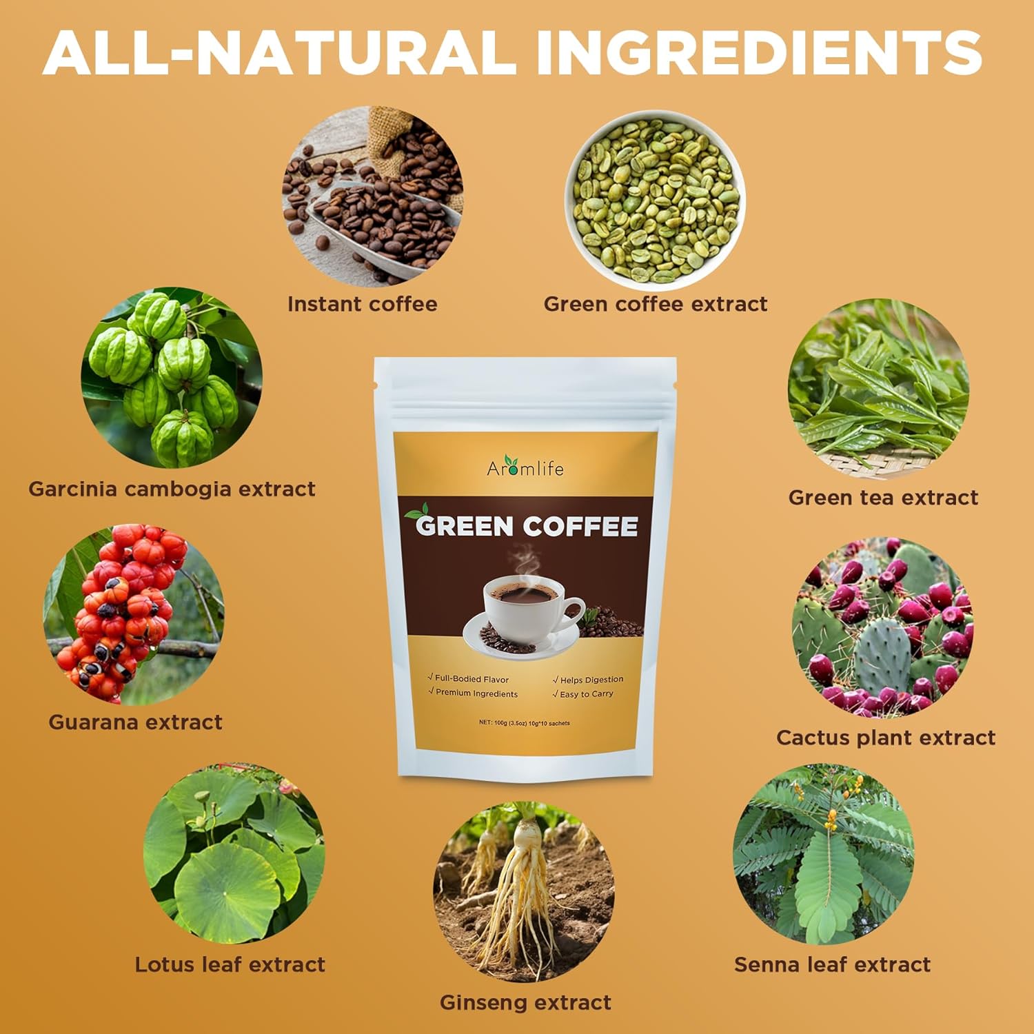 Aromlife Green Coffee for Digestion with Ginseng Extract, 10 Sachets Green Coffee Beans Extract with 8 Natural Herbal Extracts, Gluten-Free Full-Bodied Flavor Instant Coffee
