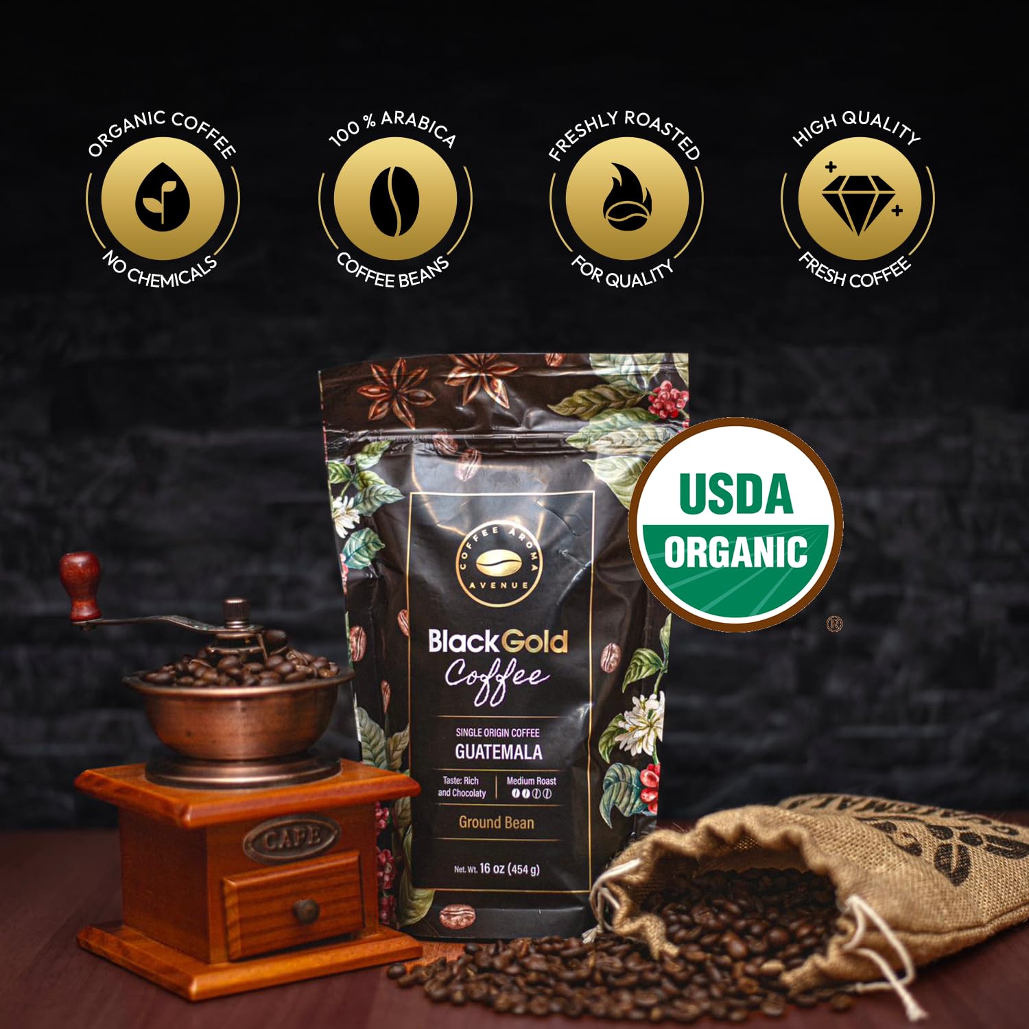 Black Gold – Organic Guatemalan Coffee, Single Origin, 100% Arabica, Medium Roast Whole Bean, Low Acid, Smooth, Chocolatey Flavor – 16 oz Bag