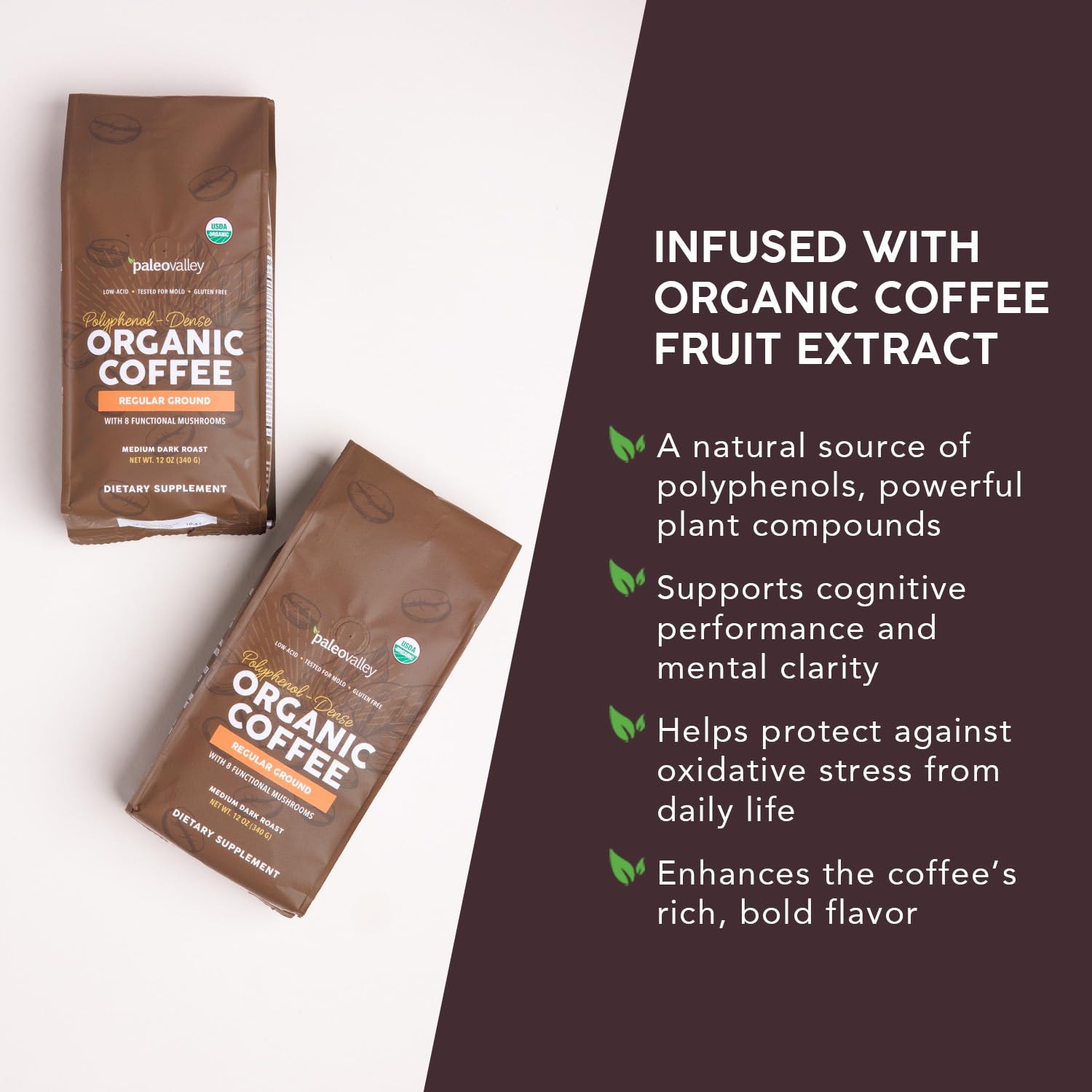 Paleovalley Organic Ground Coffee, 12oz - Regular, Low Acid, Single-Origin, Polyphenol-Rich, Infused with Mushrooms & Coffee Fruit Extract