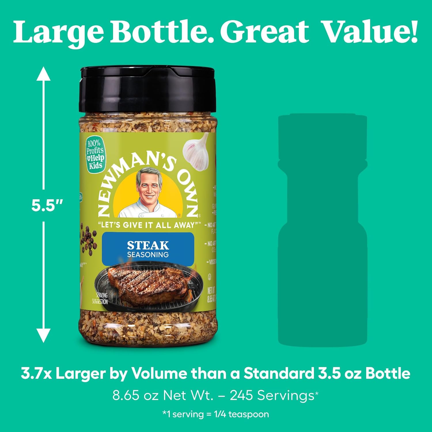Newman's Own Steak Seasoning; Perfect Spices for Cooking Ribeye, Tri Tip, Pork Ribs, Bacon, Chicken, Ham, and Ground Turkey; No MSG, Gluten Free; Kosher; 8.65 Oz. Bottle