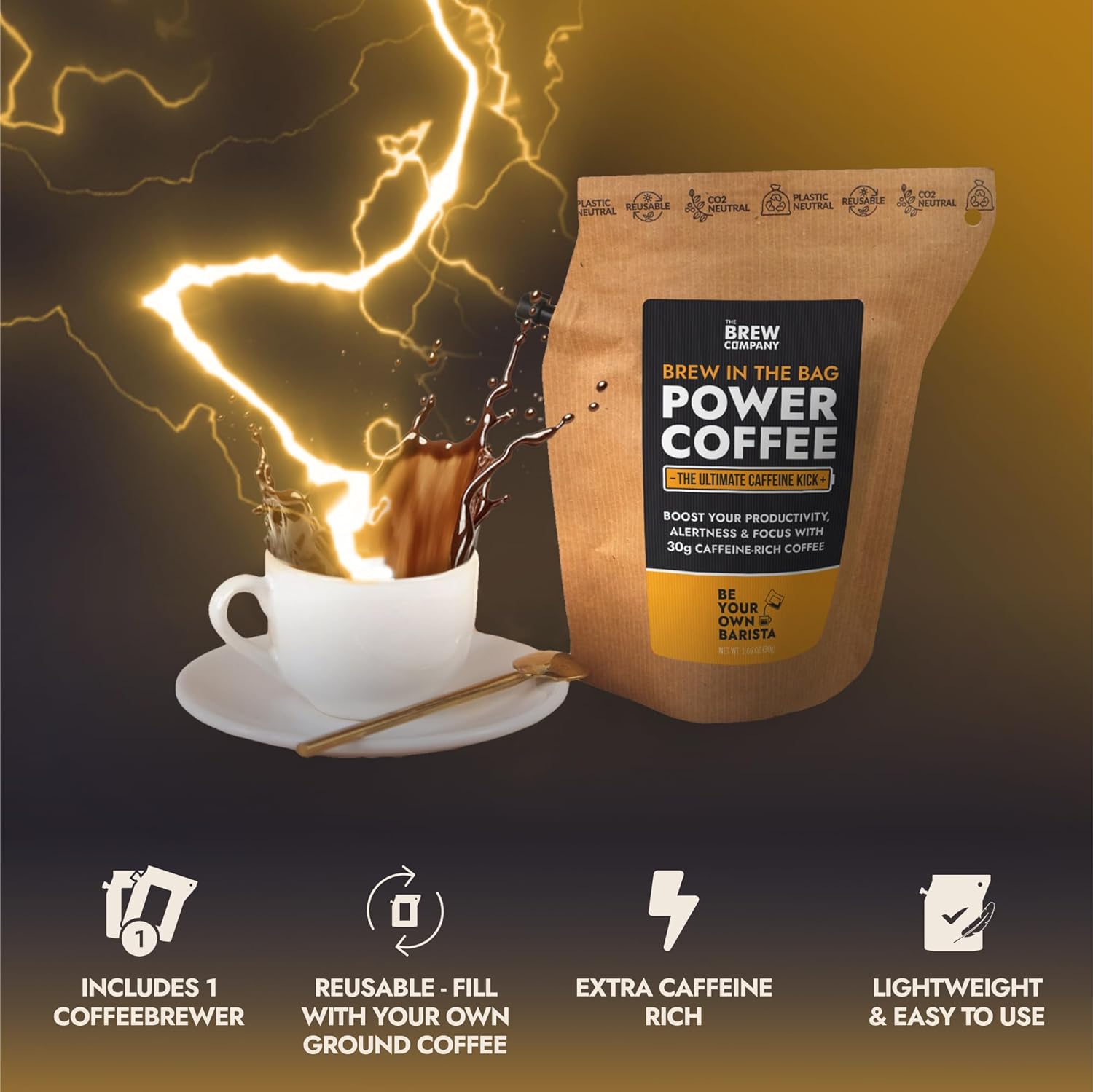 Extra Strong Highly Caffeinated Ground Coffee - 1 Coffeebrewer with Natural Strong Coffee | Brew & Enjoy Anytime, Anywhere | Power Coffee for Camping, Athletes & Gamers