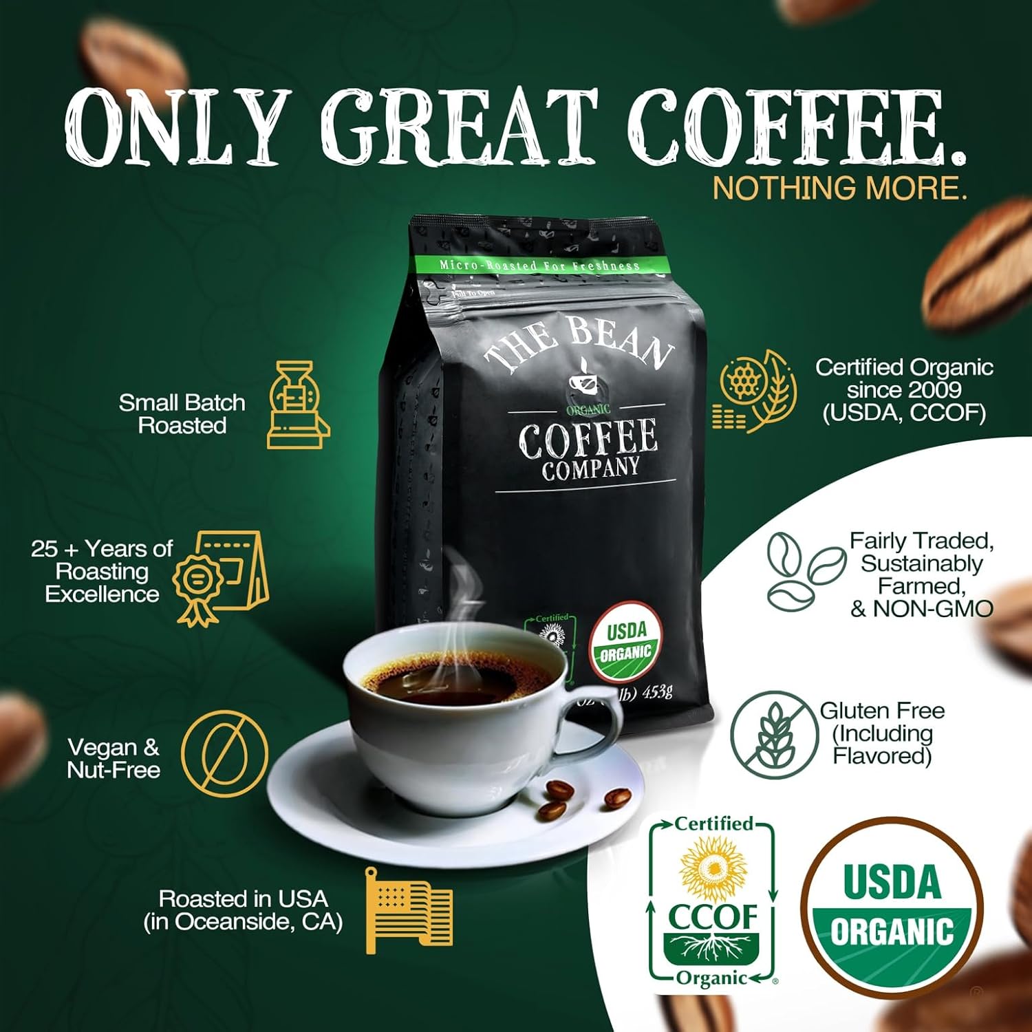 The Bean Organic Coffee Company Il Espresso, Classic Dark Roast, Ground Coffee, 16-Ounce Bag, Café molido tostado orgánico
