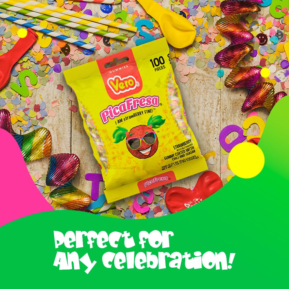 Vero PicaFresa - Strawberry Flavored Chewy Gummy Candy Treats - 100 Piece - (1 LB, 5.15 Ounces Each) - Individually Wrapped Mexican Candy Perfect for Piñatas, Halloween, and More