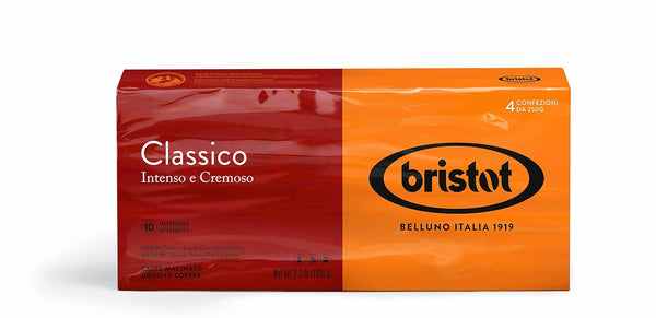 Bristot Classico Italian Breakfast Ground Espresso – Medium Roast Coffee – Intense & Creamy Flavor – 4-Pack (250g Each, 2.2lb Total) – For Moka, French Press & Pour Over – Roasted in Italy