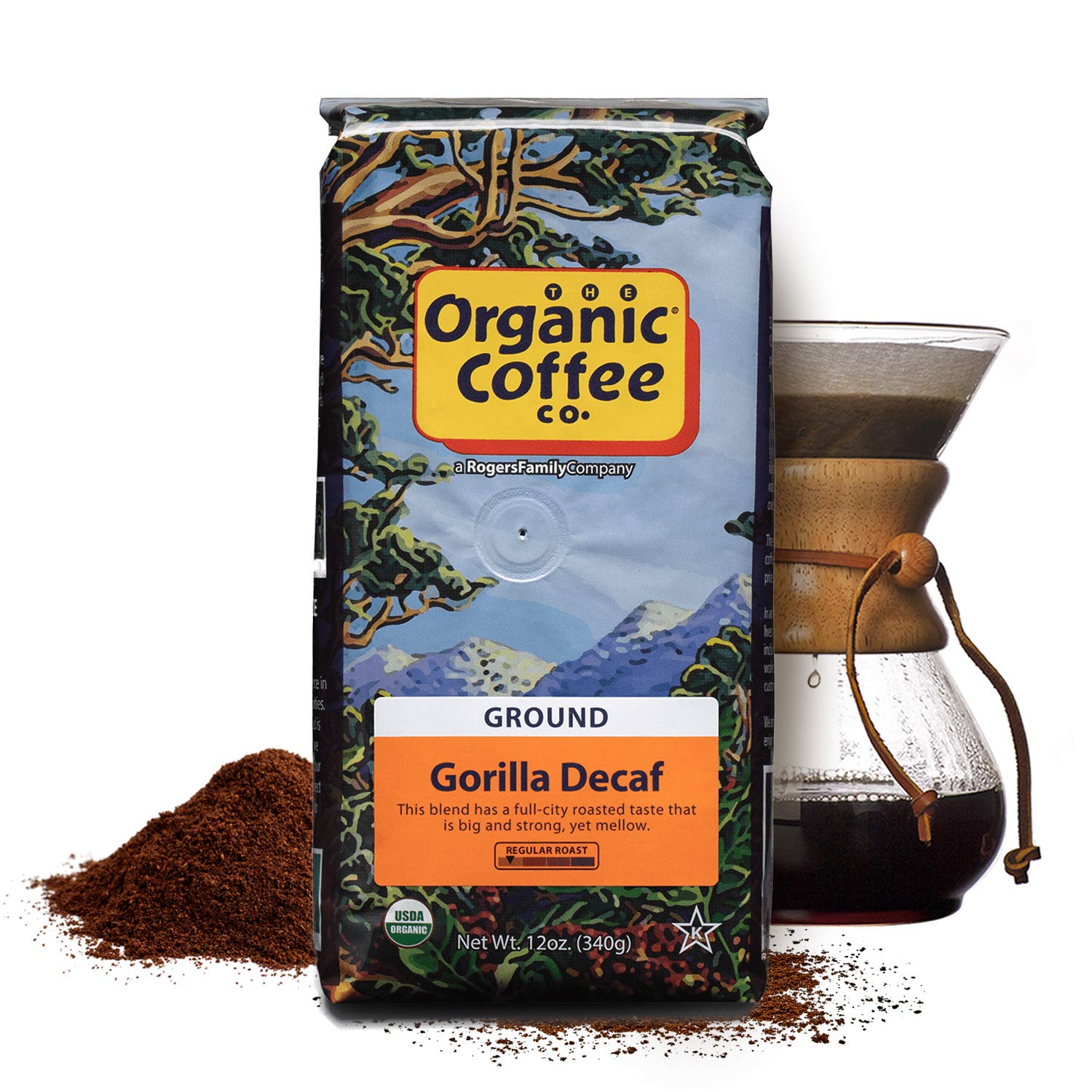 Organic Coffee Co. Gorilla Decaf Ground Coffee 12 Ounce Medium Light Roast Natural Water Processed Decaffeinated USDA Organic