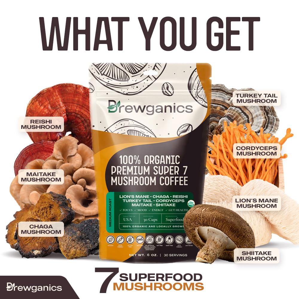 Premium Mushroom Coffee | USDA Organic | Lion's Mane, Chaga, Reishi, Turkey Tail, Cordyceps, Maitake, Shitake | Improvaed: Focus, Mood, Energy, Clarity, Digestion - 30 Servings (spoon included)