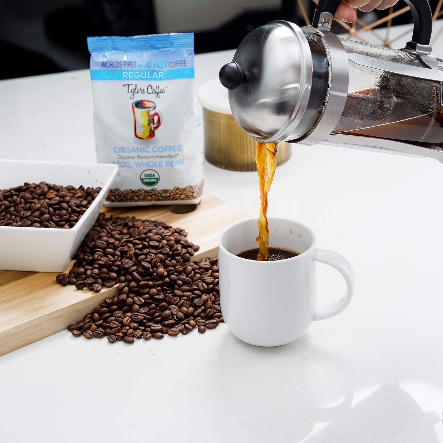 Tyler’s Acid Free Organic Whole Beans - 100% Arabica Full Flavor - Caffeinated No Bitter Aftertaste - For Acid Free Diets- Natural and Organic Blend for Common GI Issues 12 oz