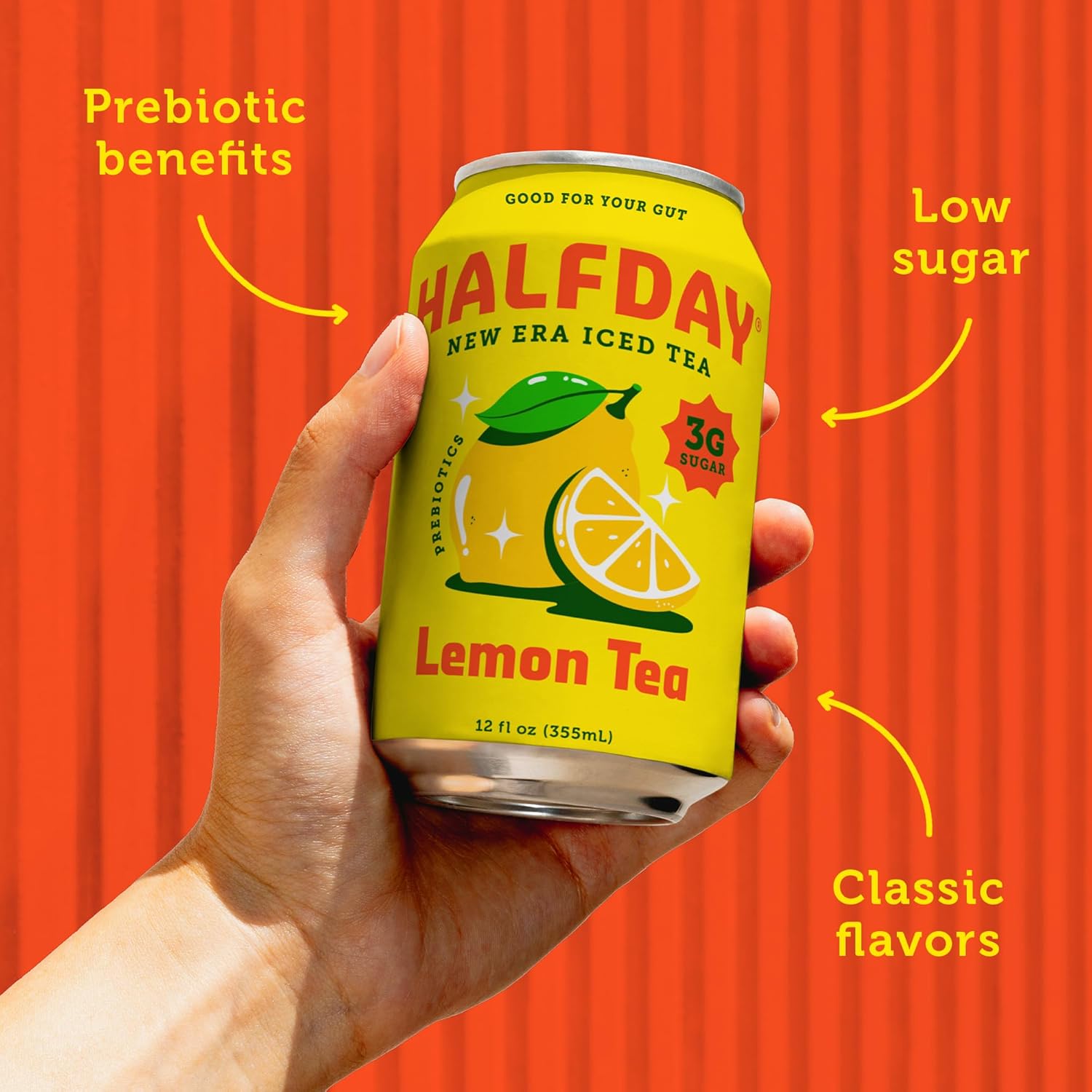 HALFDAY Prebiotic Iced Tea Lemon, Peach, Raspberry and Green Tea with Honey & Ginseng Variety Pack, Gut Health, Plant Fiber & Prebiotics, Low Sugar, 35 Calories, Natural Caffeine, 12 fl oz (12 pack) Packaging May Vary