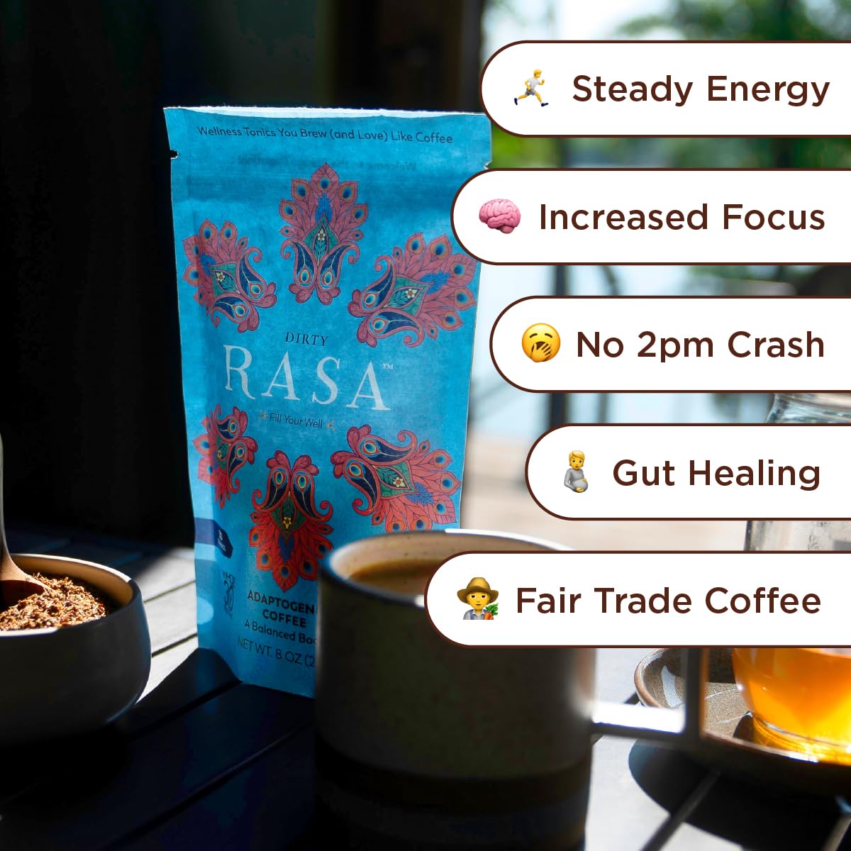 Rasa Dirty – Adaptogenic Mushroom-Boosted Coffee | Fair-Trade Coffee | Fruiting Body Mushrooms |Vegan, Keto, Whole 30, Ayurveda Wellness Tonic with Chaga + Reishi (8 oz / 30 Servings)