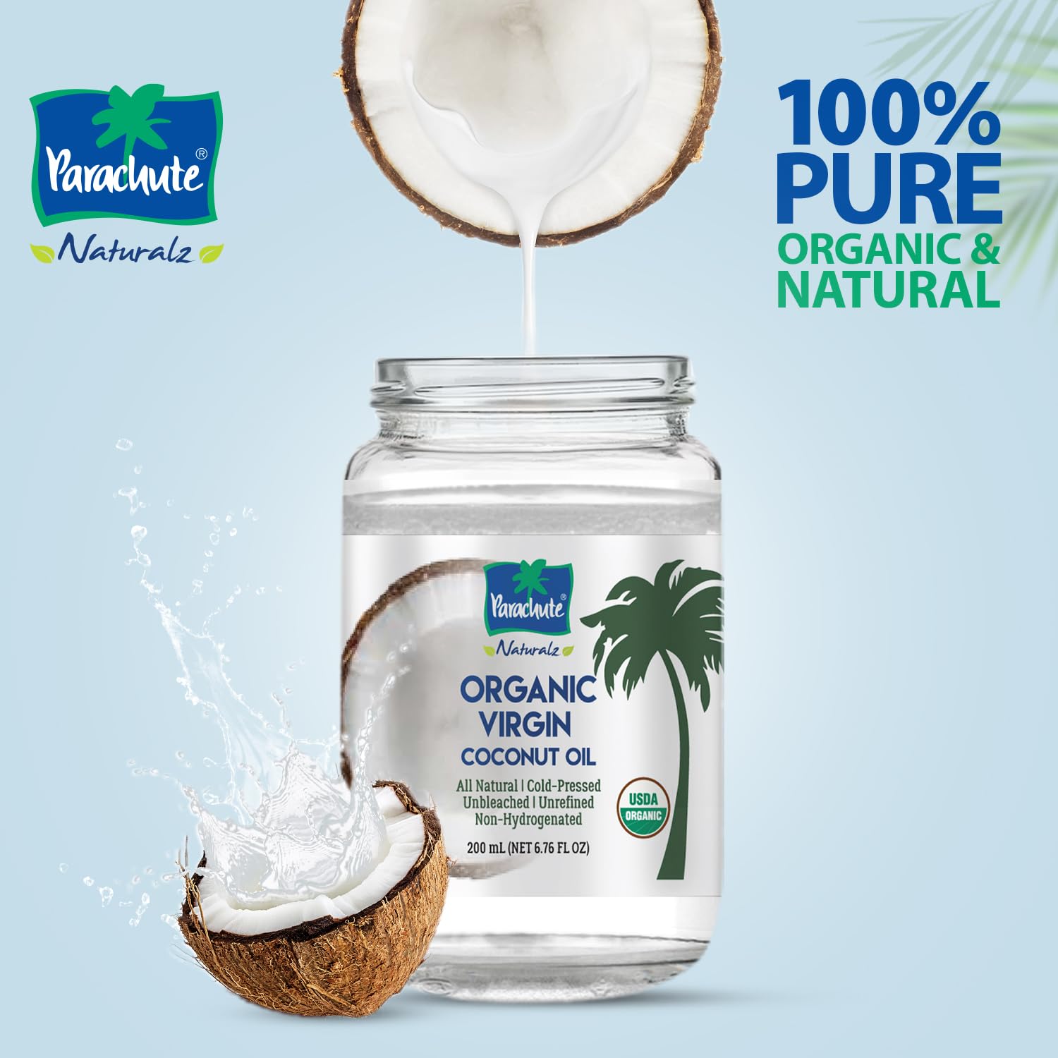 Parachute Naturalz Virgin Coconut Oil | 100% Organic Cooking Oil, Hair Oil and Body Oil | Cold Pressed | USDA Certified |16 Fl. Oz | Glass Jar