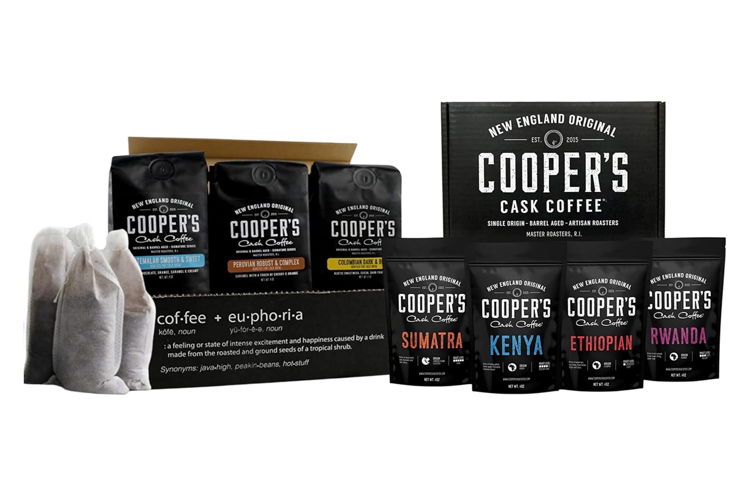 Gourmet Coffee Sampler Gift Box Set - Ground Coffee - 4 bags - 1lb Total and Cold Brew Coffee Box Set (Colombian, Peruvian, Guatemalan) Ground Coarse for Cold Brew - 6 Filter Bags Included - 1.5lbs