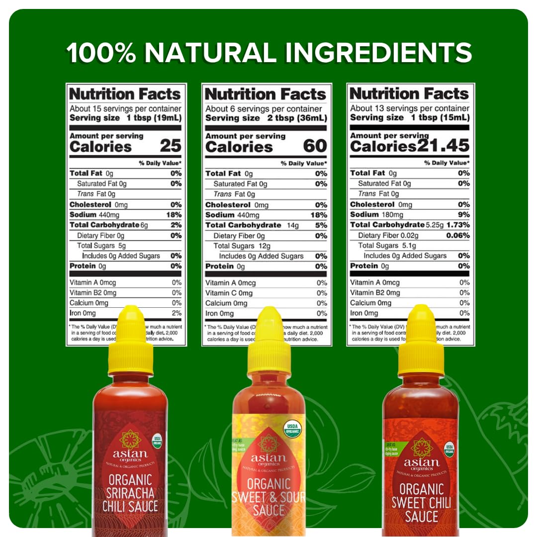 Asian Organics Sauces Variety Pack – Thai Sweet Chili, Sweet & Sour Sauce, Sriracha Chili Sauce, USDA Organic, Non-GMO, Gluten-Free, Made in Thailand, 9.47oz Each