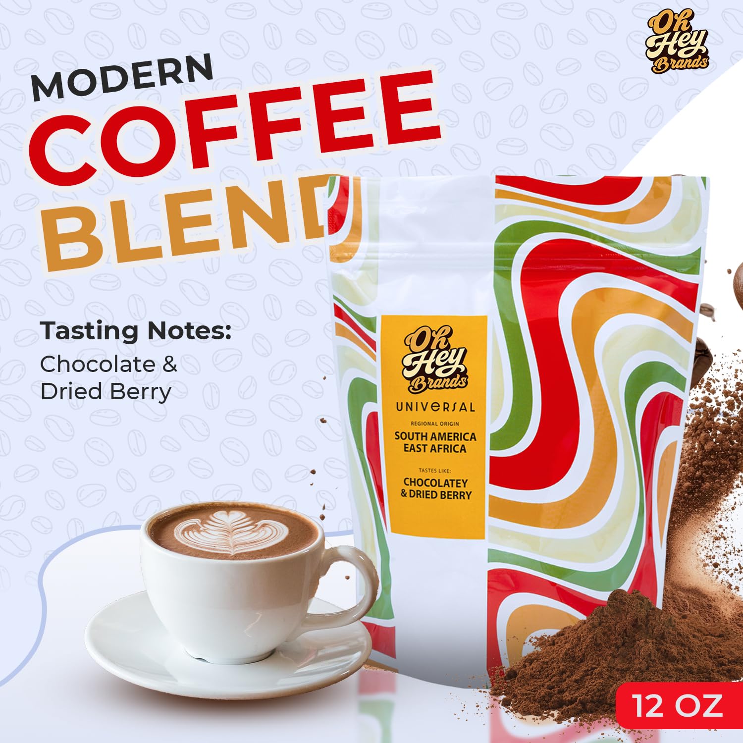 OH HEY BRANDS Ground Coffee 12 oz – Medium Roast Specialty Blend – Freshly Roasted, Smooth Texture, Chocolatey & Dried Berry Flavors – Universal