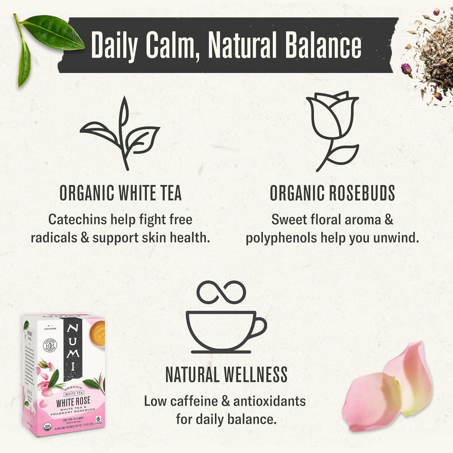 Numi Organic White Rose Tea, 16 Tea Bags, White Tea & Fragrant Rosebuds, Low Caffeine (Packaging May Vary)