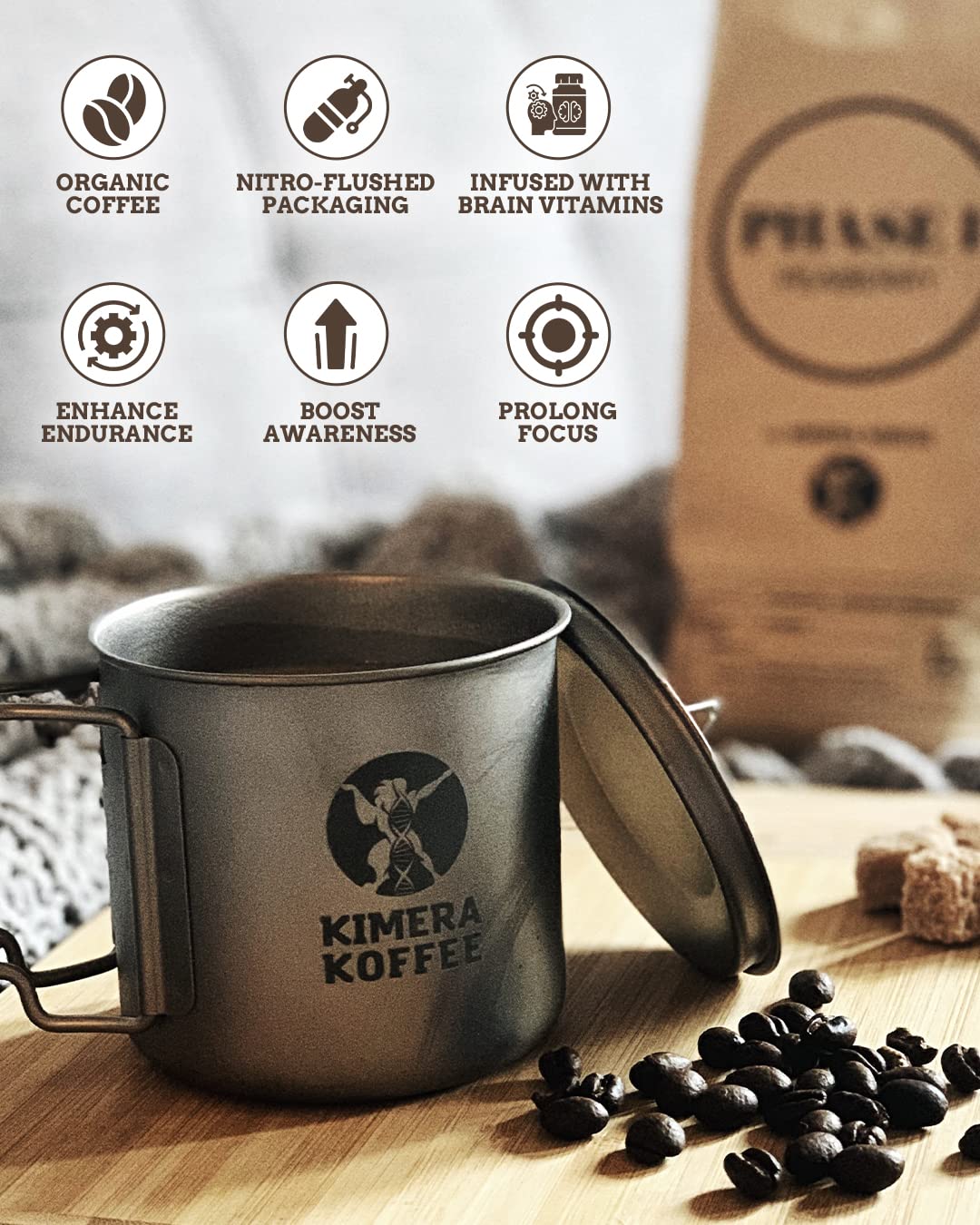 Kimera Koffee - Organic Medium Roast Ground Coffee|Power Blend | Infused with Alpha GPC and Vitamin D | Optimize Focus & Concentration | Boost Energy Level | Enhance Athletic Performance | 12oz