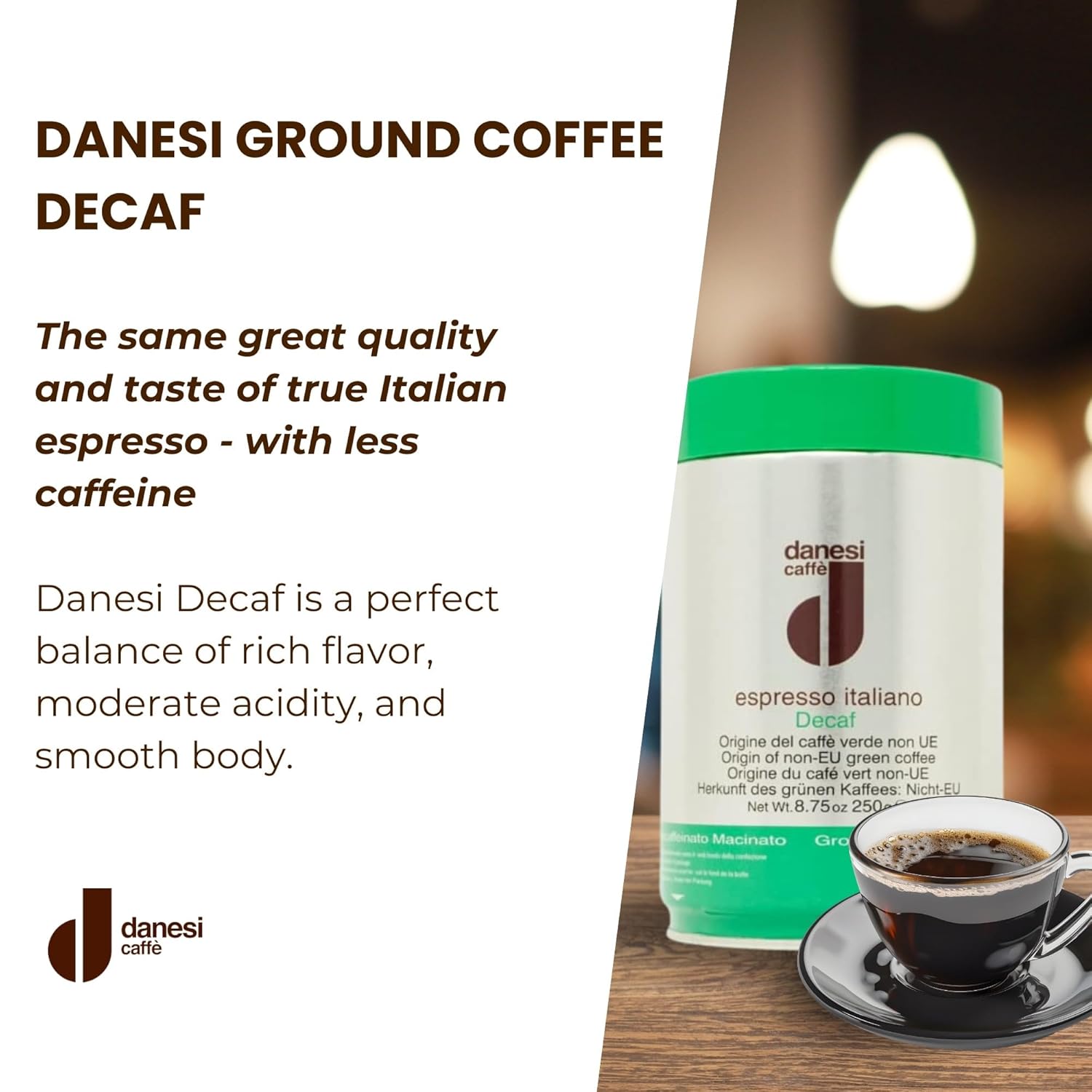 Danesi Caffe Italian Ground Coffee - Fine Medium Roast Espresso Coffee Grounds for Moka Pot, French Press, and Drip Brew - Decaf (8.75 oz, 2 Pack)