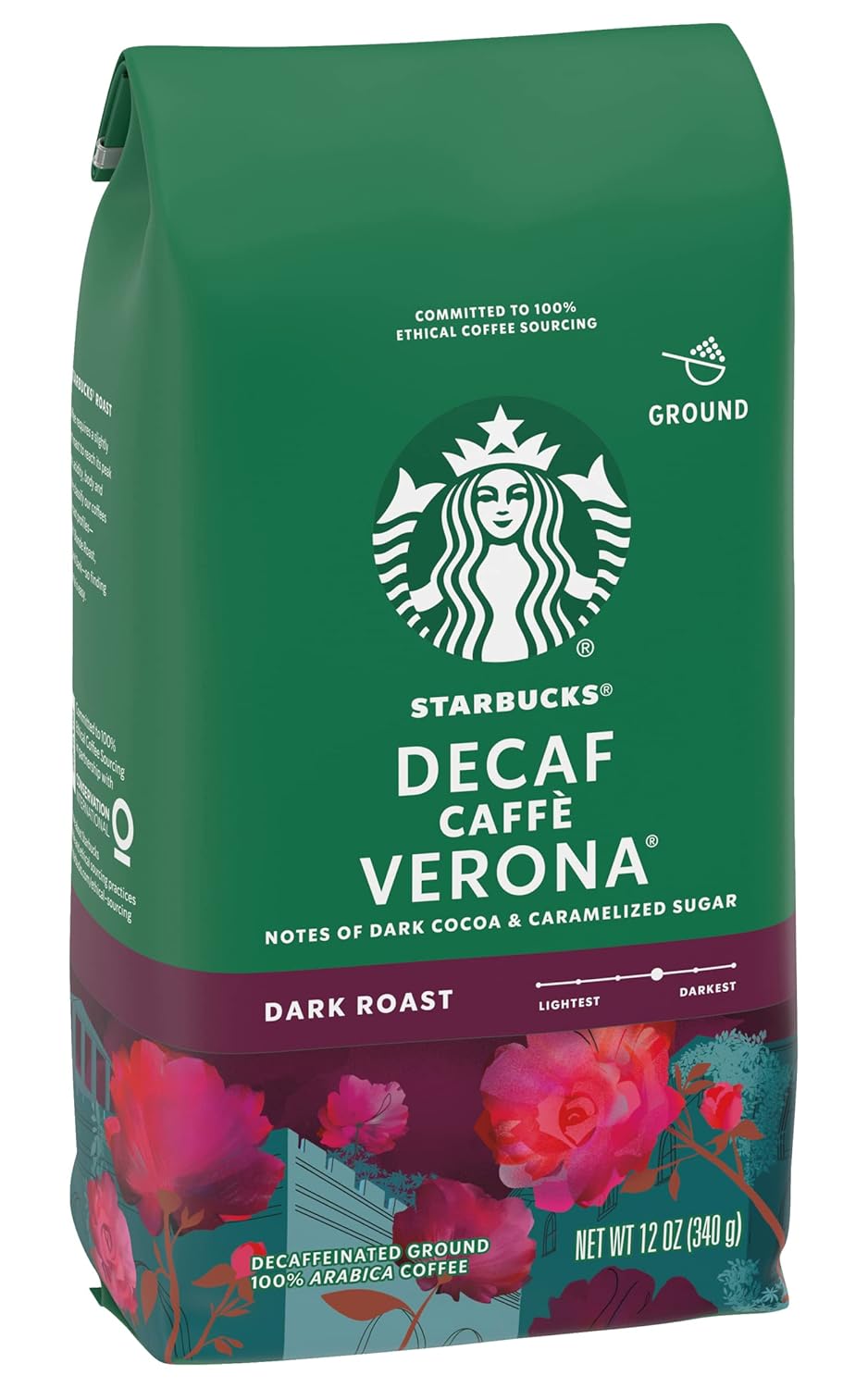 Starbucks Decaf Ground Coffee, Caffè Verona, Dark Roast Decaffeinated Ground 100% Arabica Coffee, Notes of Dark Cocoa & Caramelized Sugar, 12-Ounce Bag (Pack of 2)