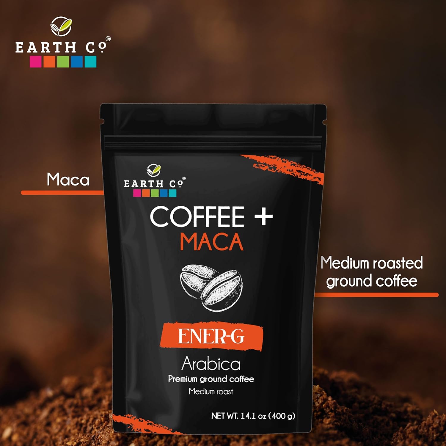 Earth Co I Ener-G | Coffee + Maca | Ground Coffee | Arabica I Medium Roast | Natural | Energy Boost | 400 gr/ 14.1oz