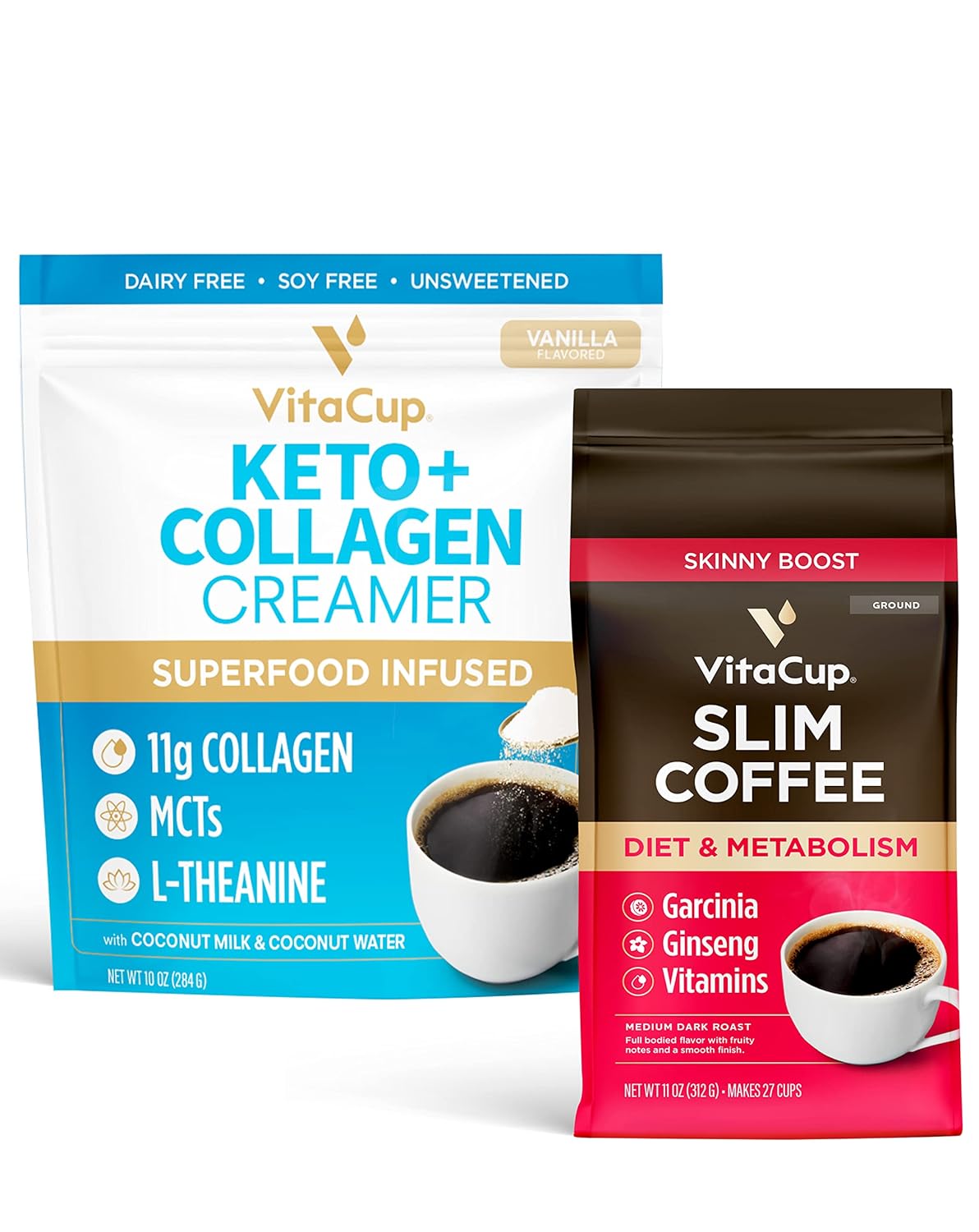 Vitacup Slim Ground Coffee & Keto + Collagen Vanilla Coffee Creamer Bundle for Diet Support, 11 oz Ground Coffee Bag & 10 oz Creamer Powder Bag