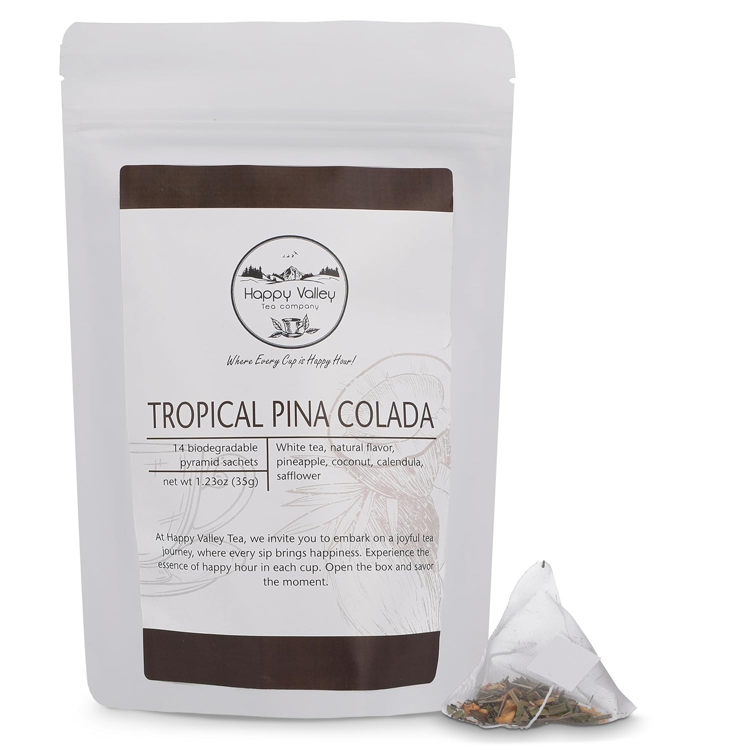 Tropical Pina Colada White Tea Blend by Happy Valley Tea Company – 14- Satchel – Cocktail-Inspired – Enjoy it HOT, ICED, or Mocktail. Coconut, Pineapple – No Artificial Flavors Drink mix Tea Bag