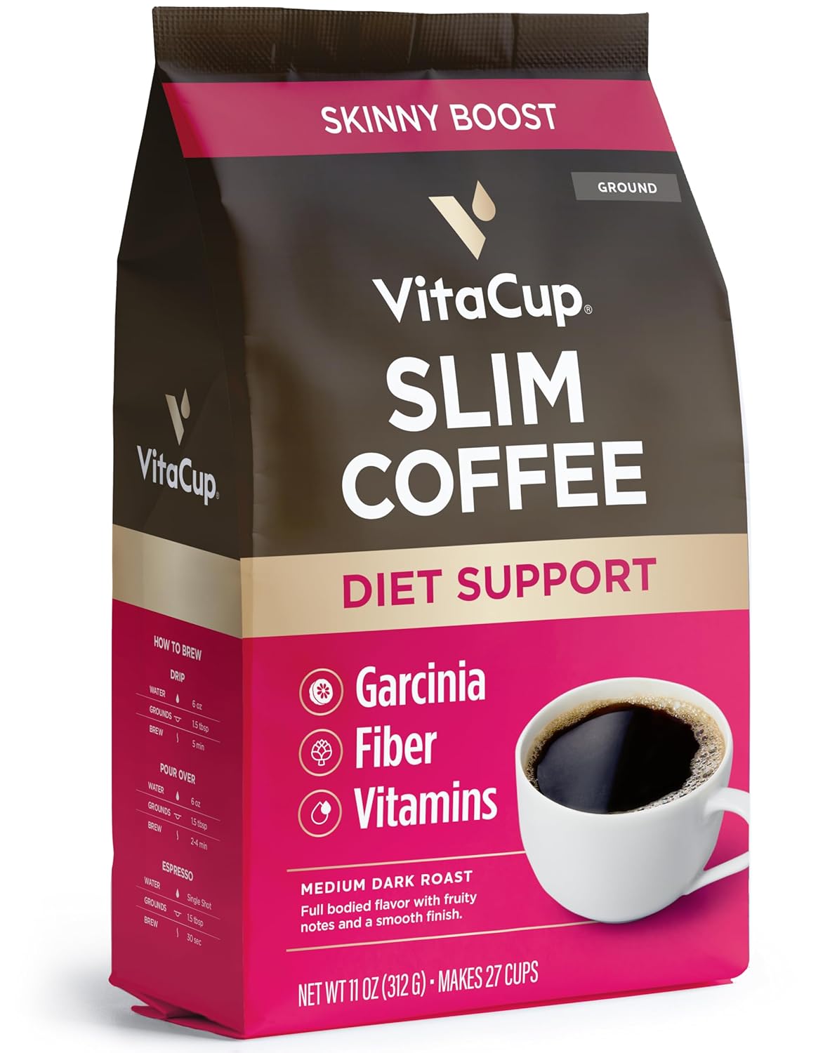Vitacup Slim Ground Coffee & Keto + Collagen Vanilla Coffee Creamer Bundle for Diet Support, 11 oz Ground Coffee Bag & 10 oz Creamer Powder Bag