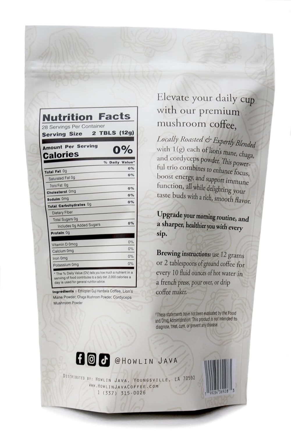 Howlin Java Mushroom Coffee, Premium Ground Coffee with 1 gram each of Lion's Mane, Chaga, and Cordyceps. Increase Energy, Focus, and Immunity with our Adaptogenic blend! 28 servings