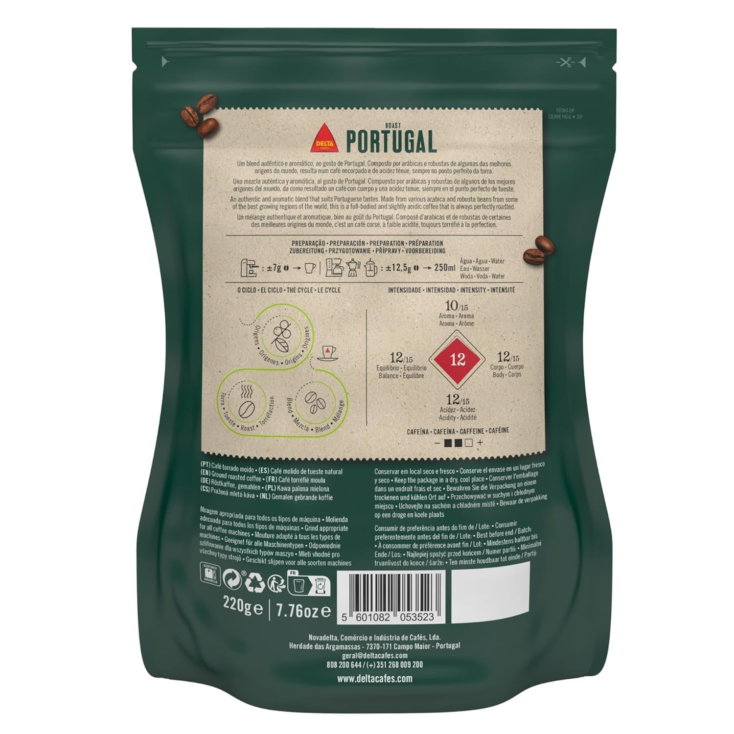 Delta Cafés Portugal Ground Coffee, Smooth and Delicious Medium Roast Coffee, Espresso Machine Compatible, Universal Grinding 7.76 Ounces