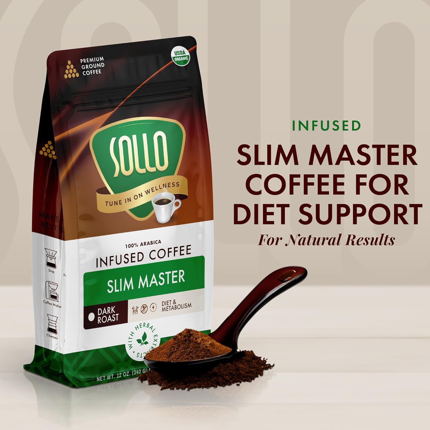 Sollo Organic Slim Ground Coffee - Infused Weight Loss Blend, Dark Roast, Bold & Smooth, 100% Arabica Specialty Grounds, 12 oz