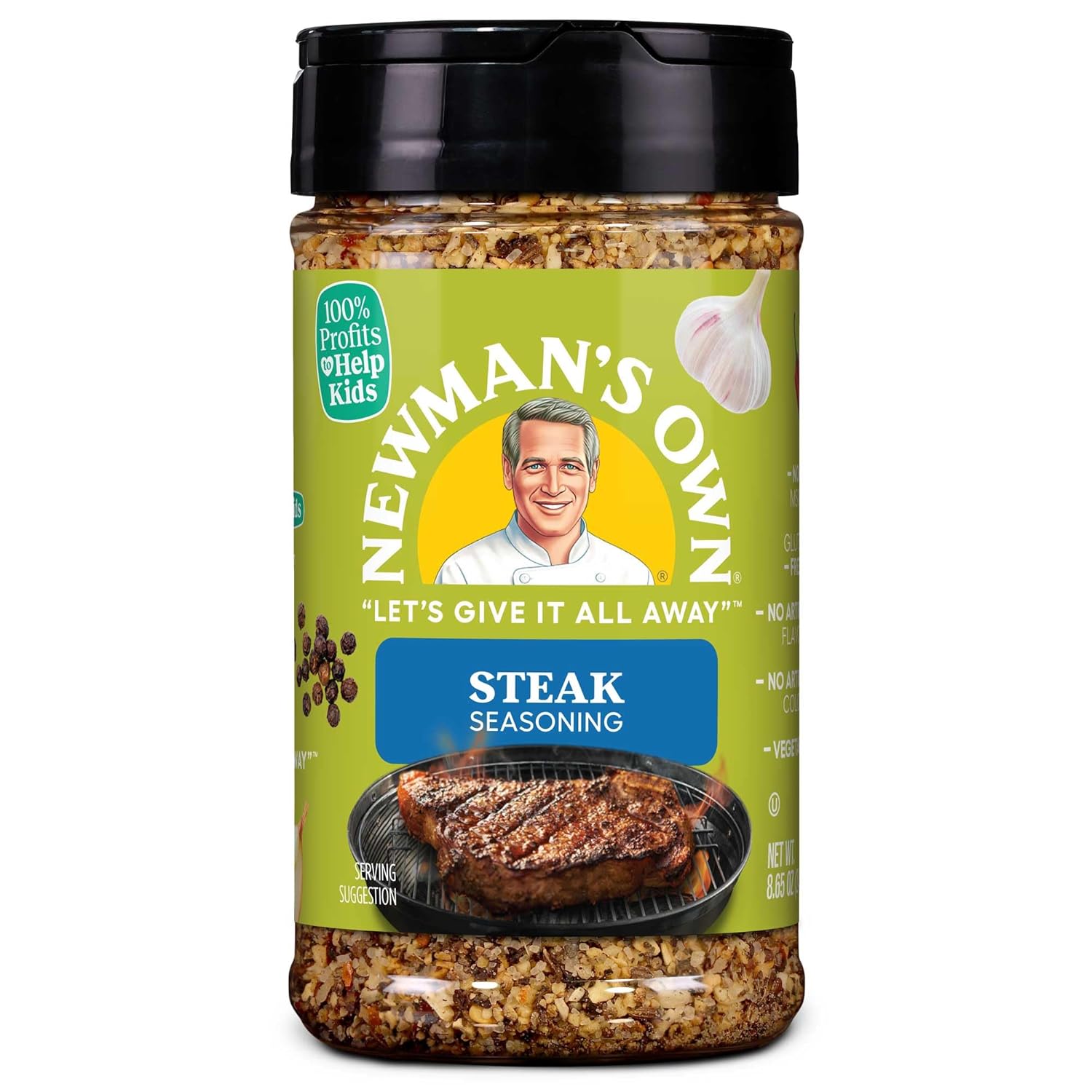 Newman's Own Steak Seasoning; Perfect Spices for Cooking Ribeye, Tri Tip, Pork Ribs, Bacon, Chicken, Ham, and Ground Turkey; No MSG, Gluten Free; Kosher; 8.65 Oz. Bottle