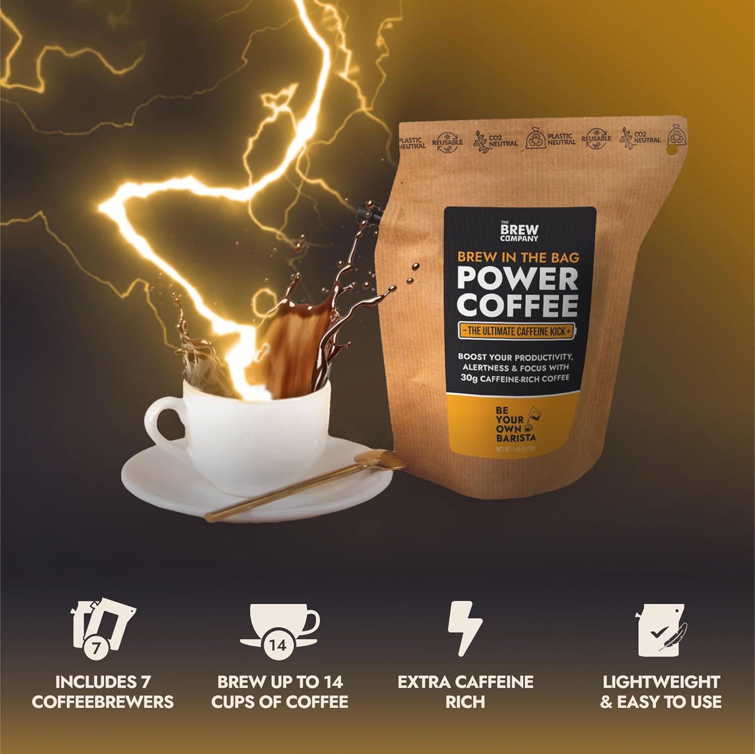 Extra Strong Highly Caffeinated Ground Coffee - 7 Coffeebrewers with Natural Strong Coffee | Brew & Enjoy Anytime, Anywhere | Power Coffee for Camping, Athletes & Gamers