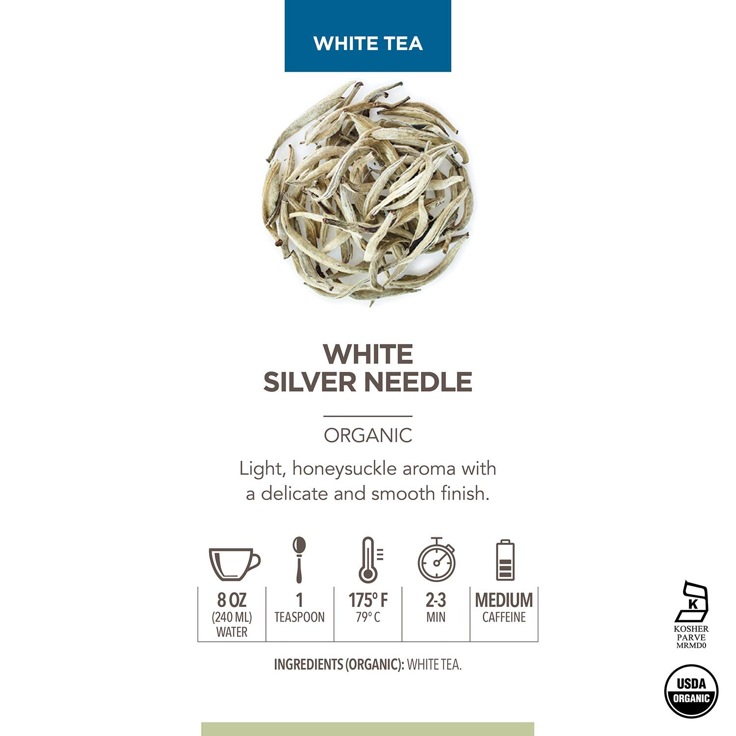 Teabloom Organic White Silver Needle Loose Leaf Tea, Rare USDA Certified Organic & Kosher White Tea With Delicate Honeysuckle Notes, 2.12 oz/60 g Canister Makes 35-50 Cups