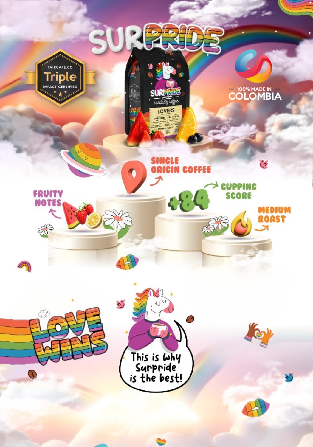 Surpride Specialty Coffee - Ground- Colombian Arabica Coffee with Fruity Flavors & Cocoa Nibs Aromas - 454g
