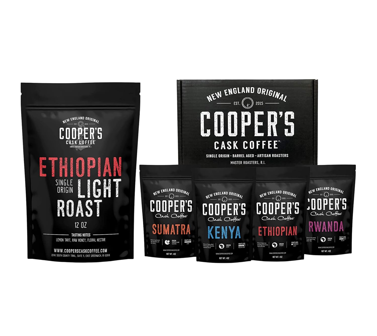 Gourmet Coffee Sampler Gift Box Set (Sumatra Dark, Kenya AA Medium-Dark, Rwanda Medium, Natural Ethiopian Medium-Light) and Ethiopian Bright Light Roast Grade 1 Whole Coffee Bean 12oz Bag