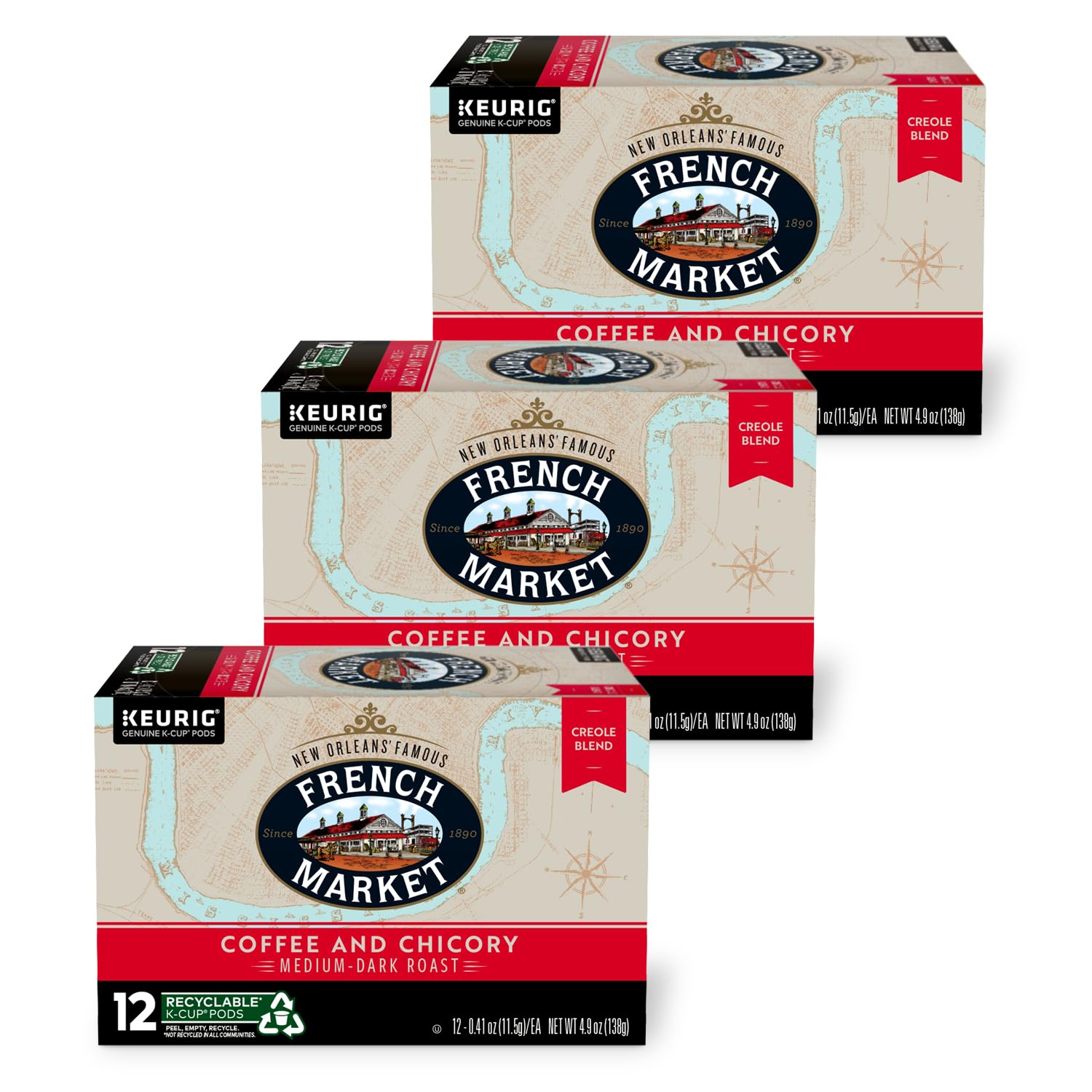 French Market Coffee & Chicory Medium-Dark Roast Single Serve Coffee Pods, 12ct Box (Pack of 3)