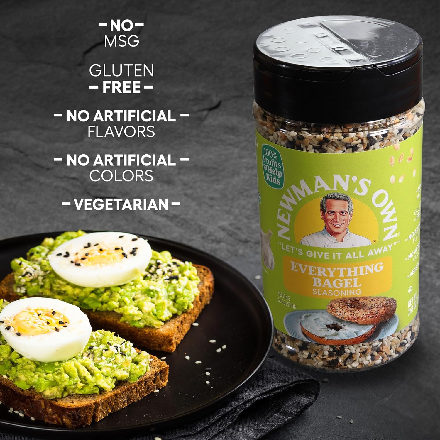 Newman's Own Everything Bagel Seasoning; Perfect Spices for Wraps, Eggs and Potato Salads; No MSG, Gluten Free; Kosher; 7.91 Oz. Bottle