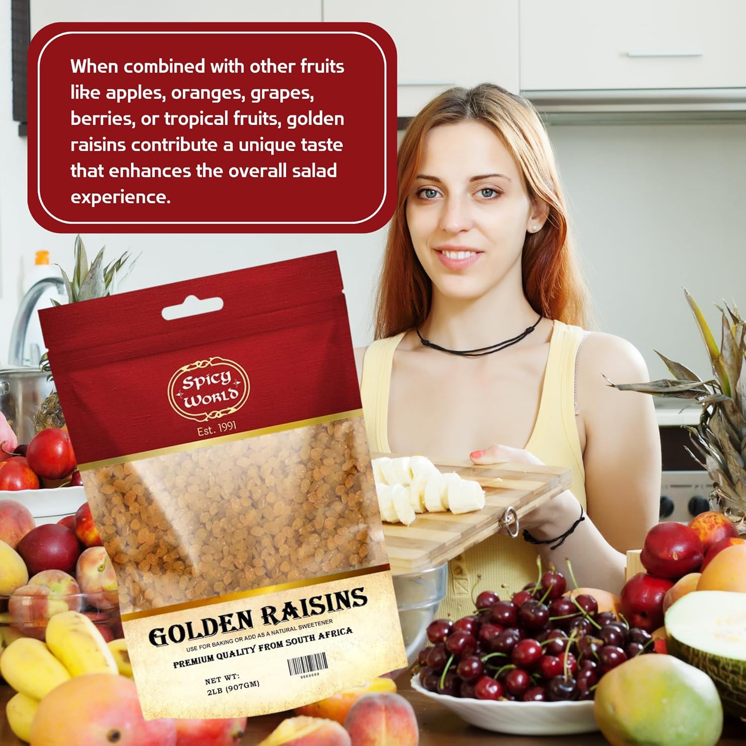 Spicy World Golden Raisins 2 LB Bulk Bag - Sweet & Seedless Sultanas from South Africa | | Perfectly Dried for Natural Sweetness | Ideal Dried Fruit Snack | For Baking & More | No Added Sugar