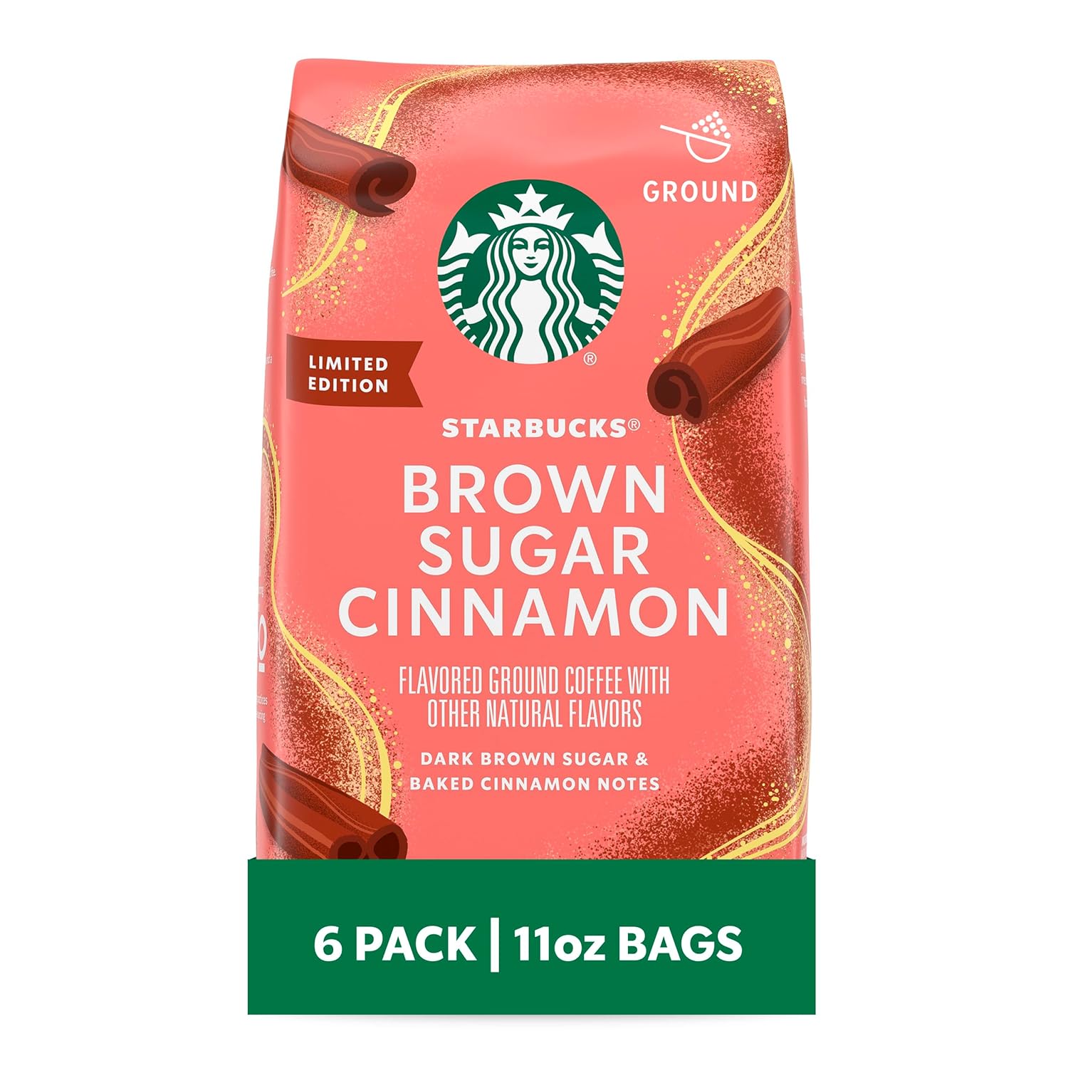 Starbucks Ground Coffee, Brown Sugar Cinnamon Naturally Flavored Coffee, 100% Arabica, Limited Edition, 6 Bags (11 Oz Each)