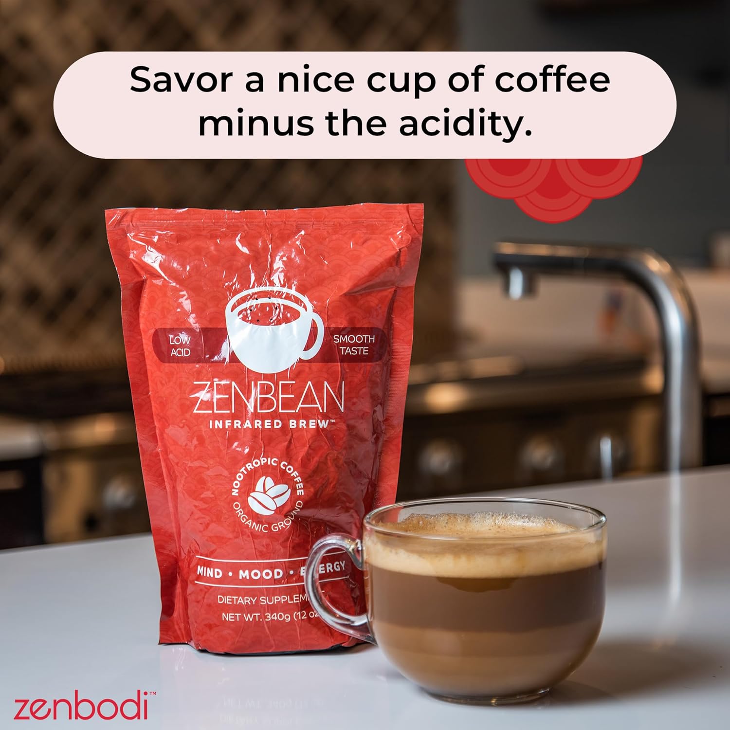 Zenbean Infrared Brew Medium Grind Low Acid Coffee - Nootropic Coffee with Rhodiola Rosea and L-Theanine, Smooth Taste, Balanced Flavor, Helps Improve Mood, Energy, and Focus