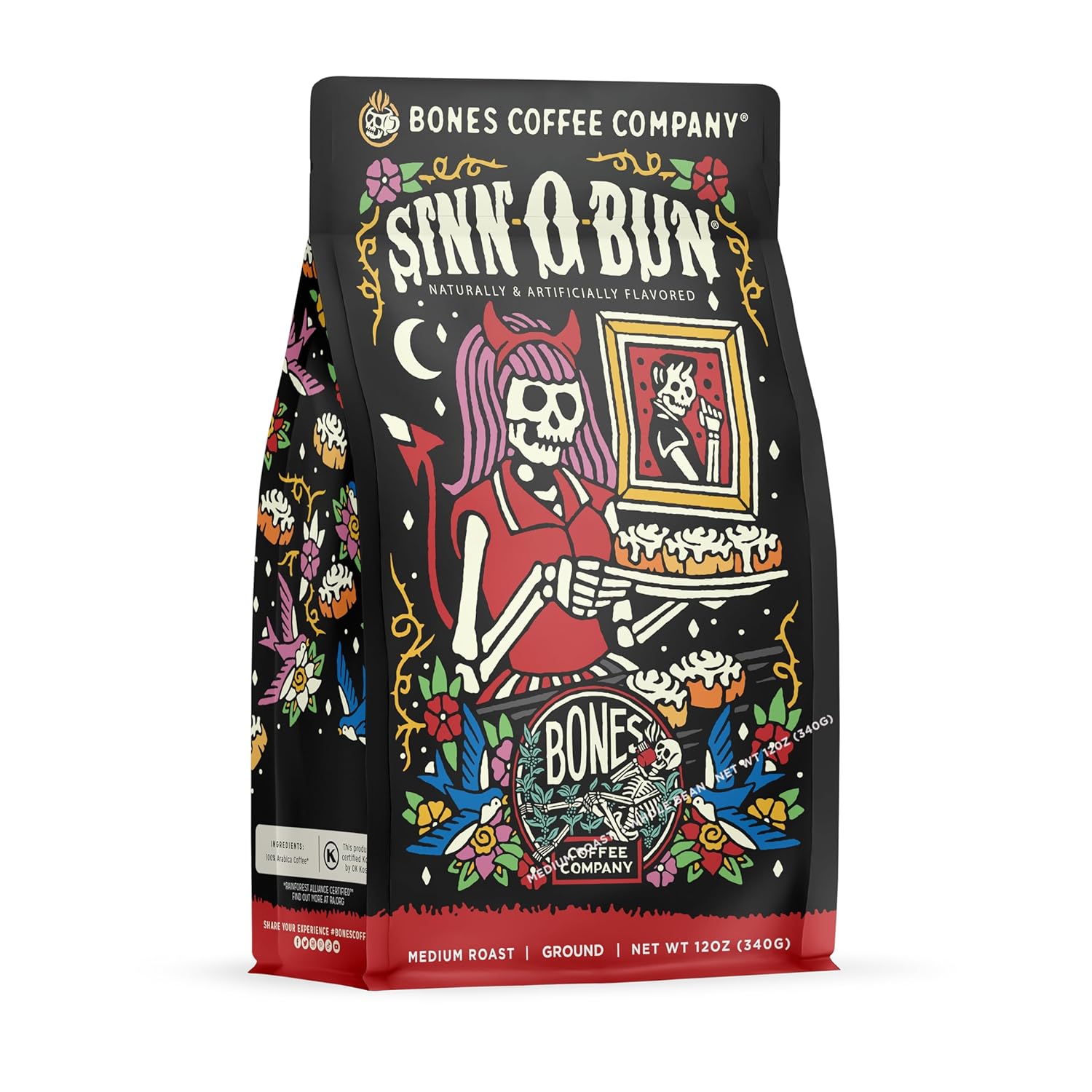 Bones Coffee Company Sinn 'O' Bun Ground Coffee Beans 12 oz and Bones Cups Sinn 'O' Bun 12 ct Bundle