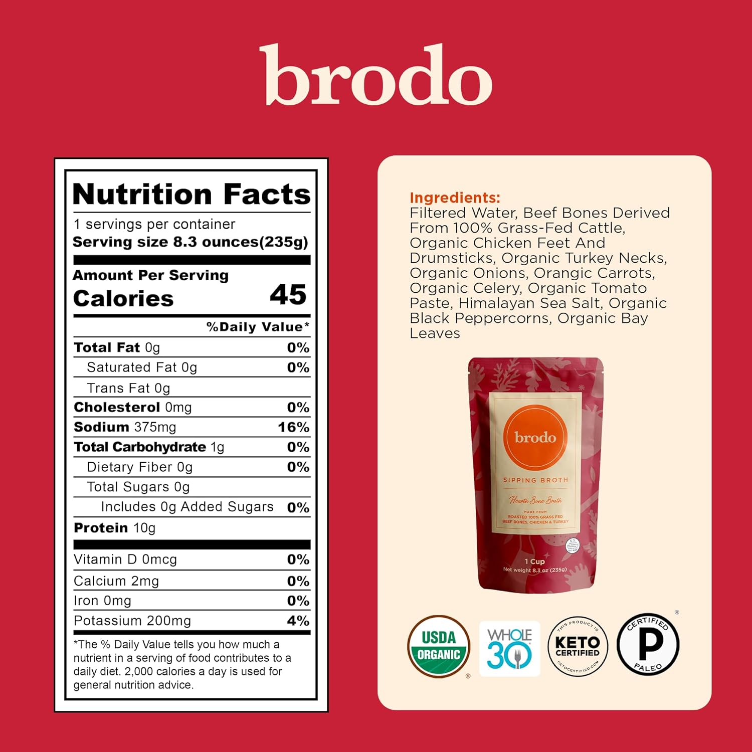 Brodo Classic Variety Pack with Collagen & Protein, Includes Organic Chicken, 100% Grass-Fed Beef, & Hearth Bone Broths for Sipping & Cooking, Nutrient-Dense & Slow-Simmered for Deep Flavor (6x 8.3oz)