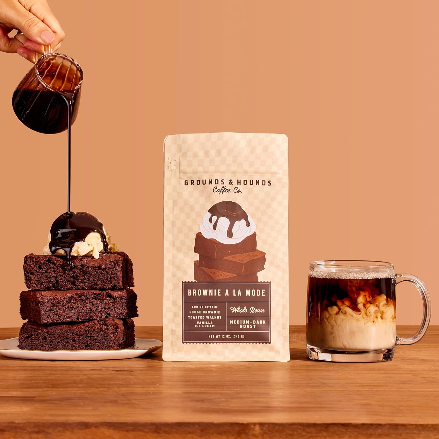 Grounds & Hounds Coffee - 12oz Ground Bag, Medium/Dark Roast Coffee, Brownie A La Mode Ground 12oz bag