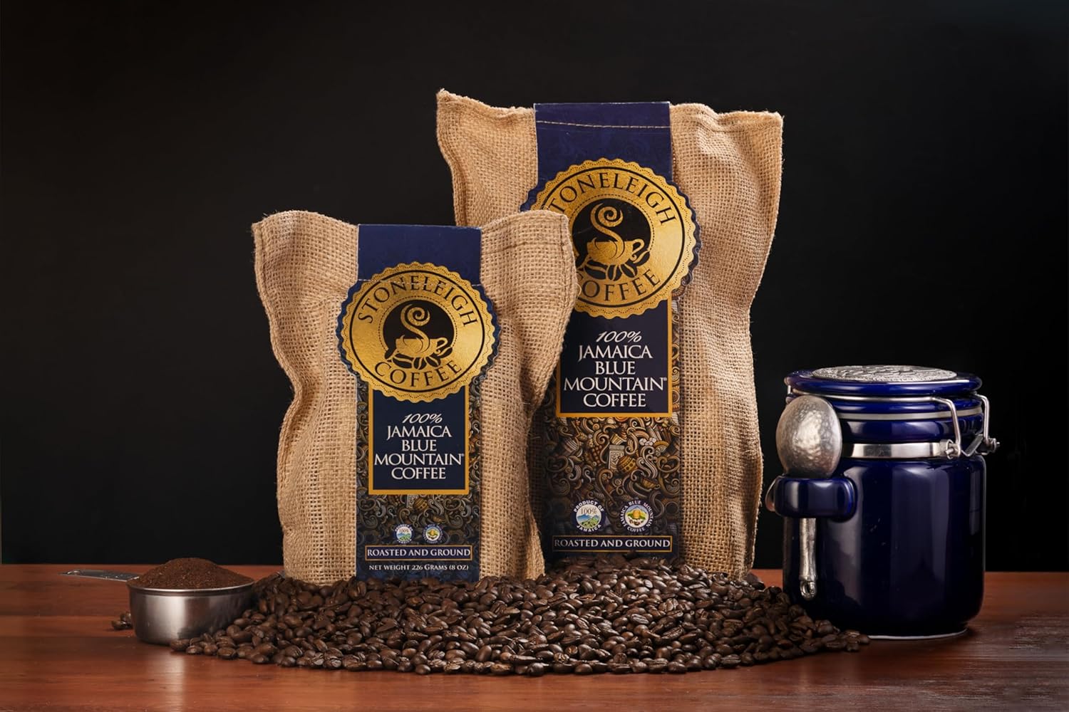 Stoneleigh Coffee – Grade A Jamaica Blue Mountain Coffee Premium Roasted & Ground - 8ozs – 100% Genuine Jamaican Product - Traditional Jamaican Crocus (Burlap) Bag Packed Ideal for Gifting