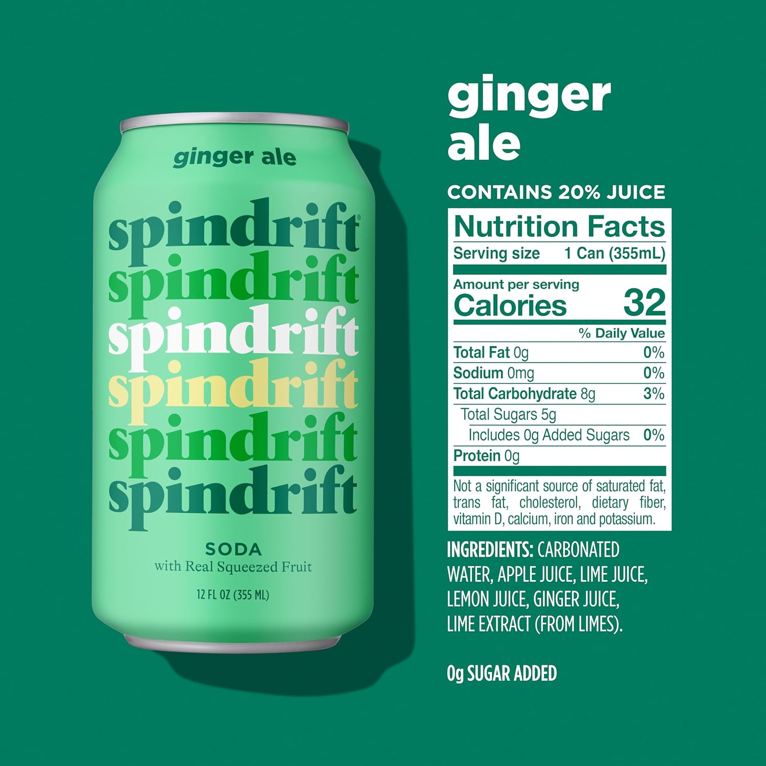 Spindrift Soda Ginger Ale Soda Made with Real Squeezed Fruit 12 Pack Case