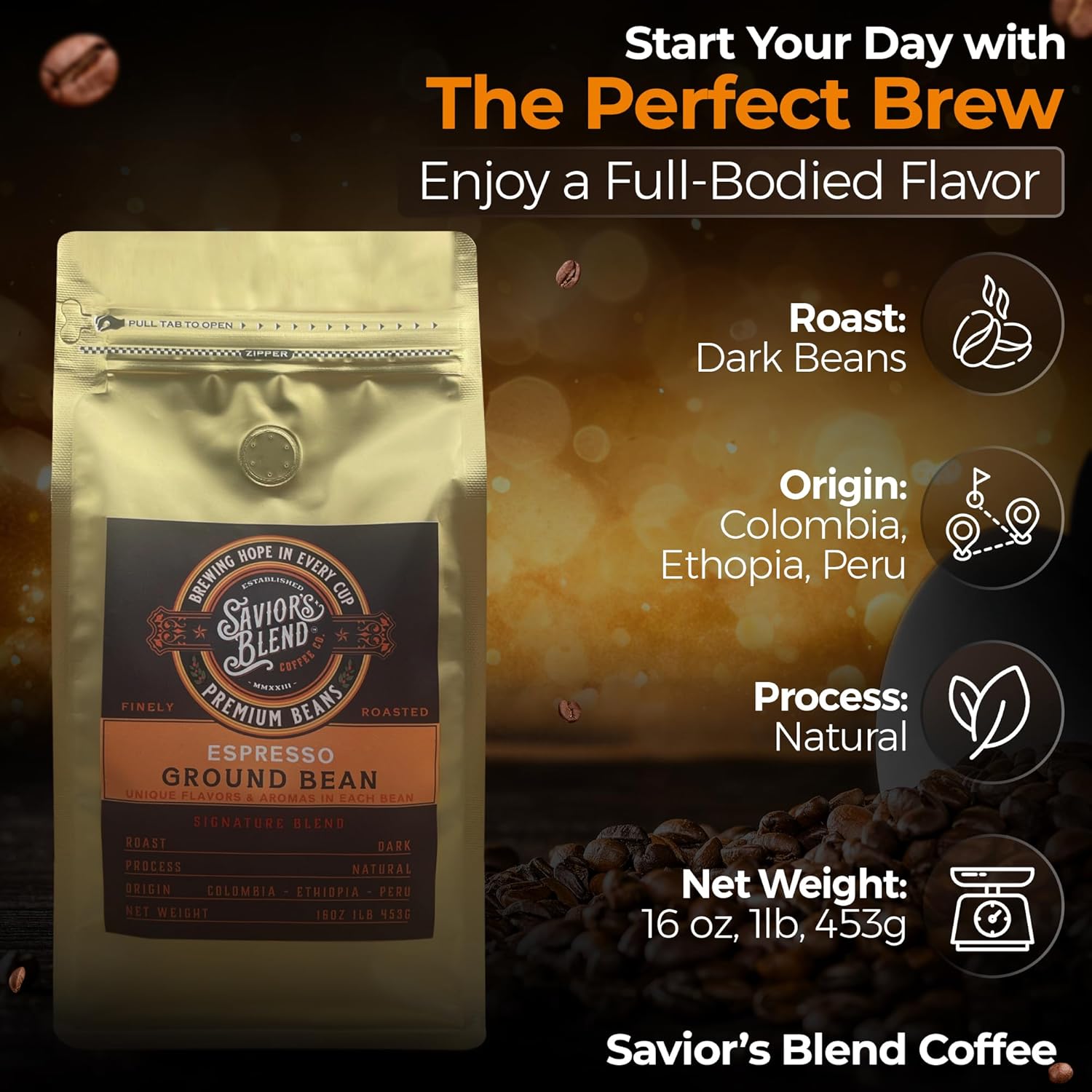 Savior's Blend Coffee Premium Espresso Ground Coffee, Dark Roast, Colombian-Ethiopian-Peruvian Blend, 16 oz