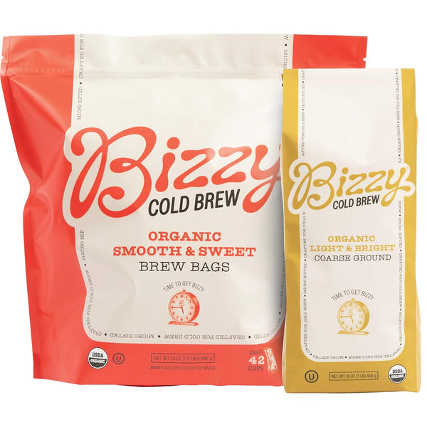 Bizzy Organic Cold Brew Coffee | Bundle | Coarse Ground Coffee | Light & Bright 1 LB + Smooth & Sweet Pitcher Pack 12-count | 2 Pack