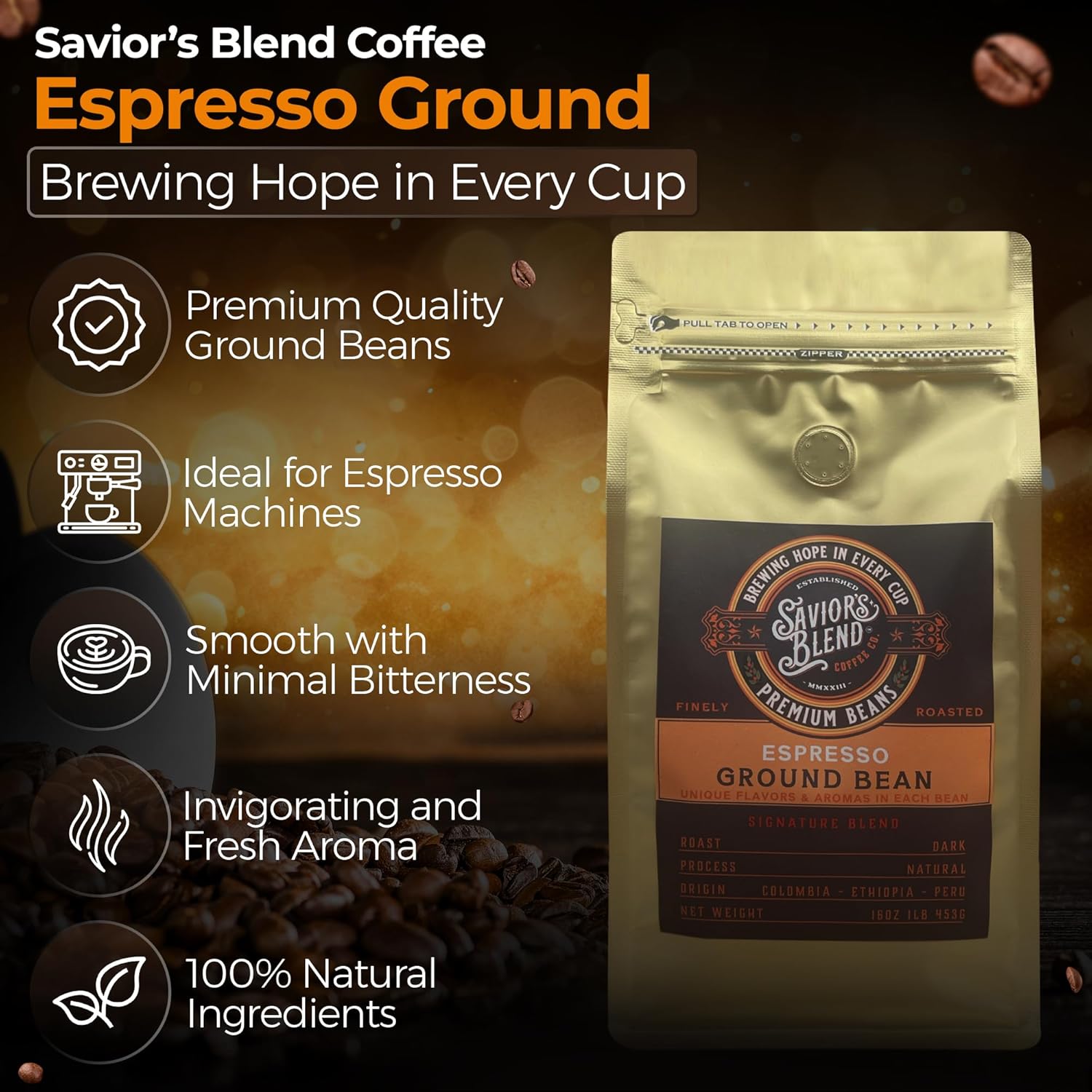 Savior's Blend Coffee Premium Espresso Ground Coffee, Dark Roast, Colombian-Ethiopian-Peruvian Blend, 16 oz