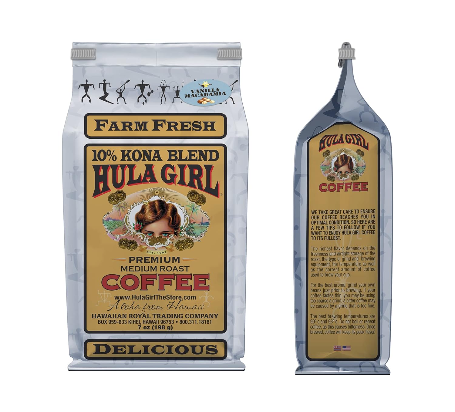 Hula Girl 10% Hawaiian Kona Coffee Blend Vanilla Mac Nut, 7 Ounce