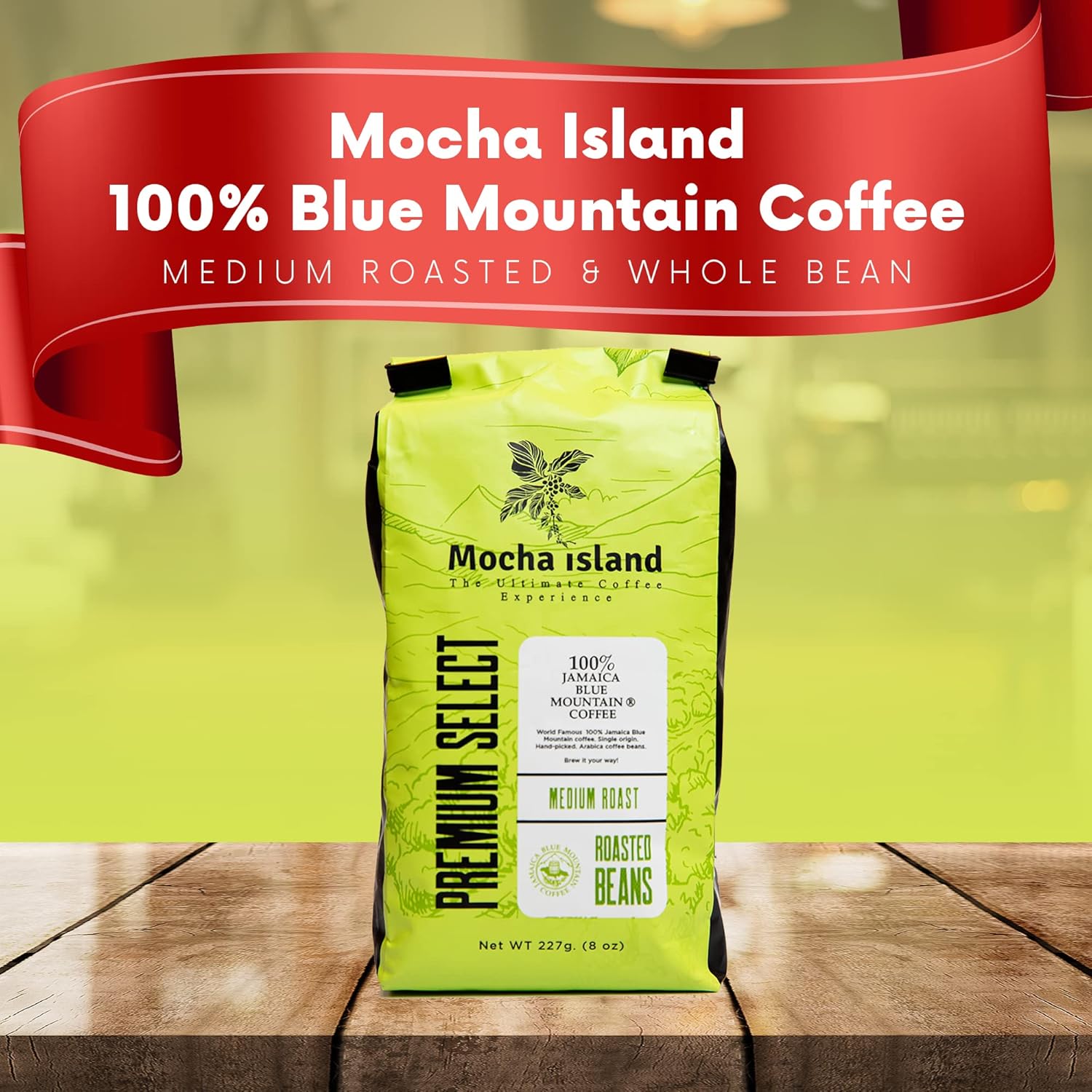 Mocha Island Blue Mountain Coffee from Jamaica Medium Roast Whole Beans (8oz)