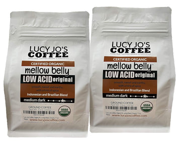 Lucy Jo's Coffee Roastery, 2 Pack, Organic Mellow Belly Low Acid Blend, Medium Dark, Ground, 2 11OZ bags