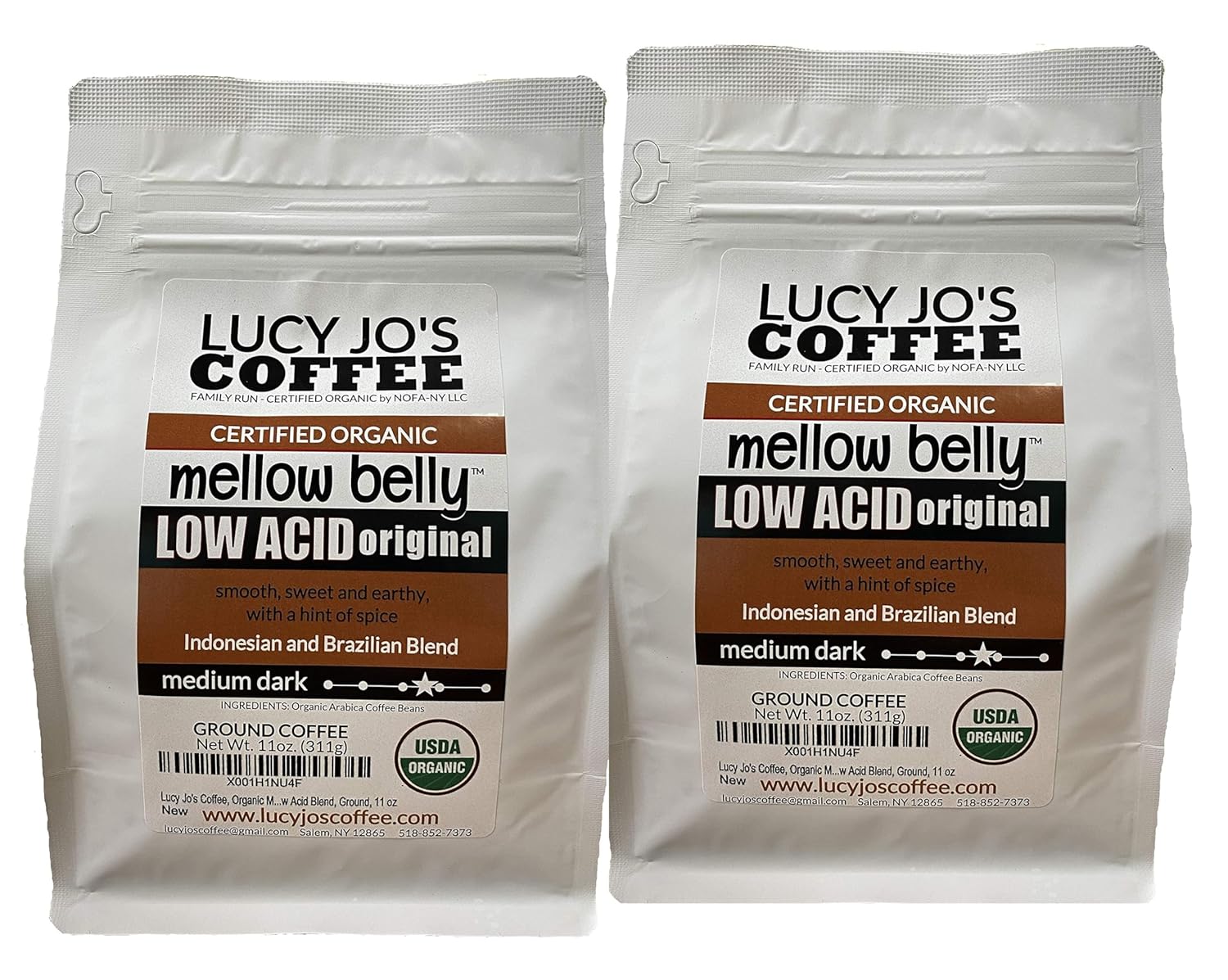 Lucy Jo's Coffee Roastery, 2 Pack, Organic Mellow Belly Low Acid Blend, Medium Dark, Ground, 2 11OZ bags